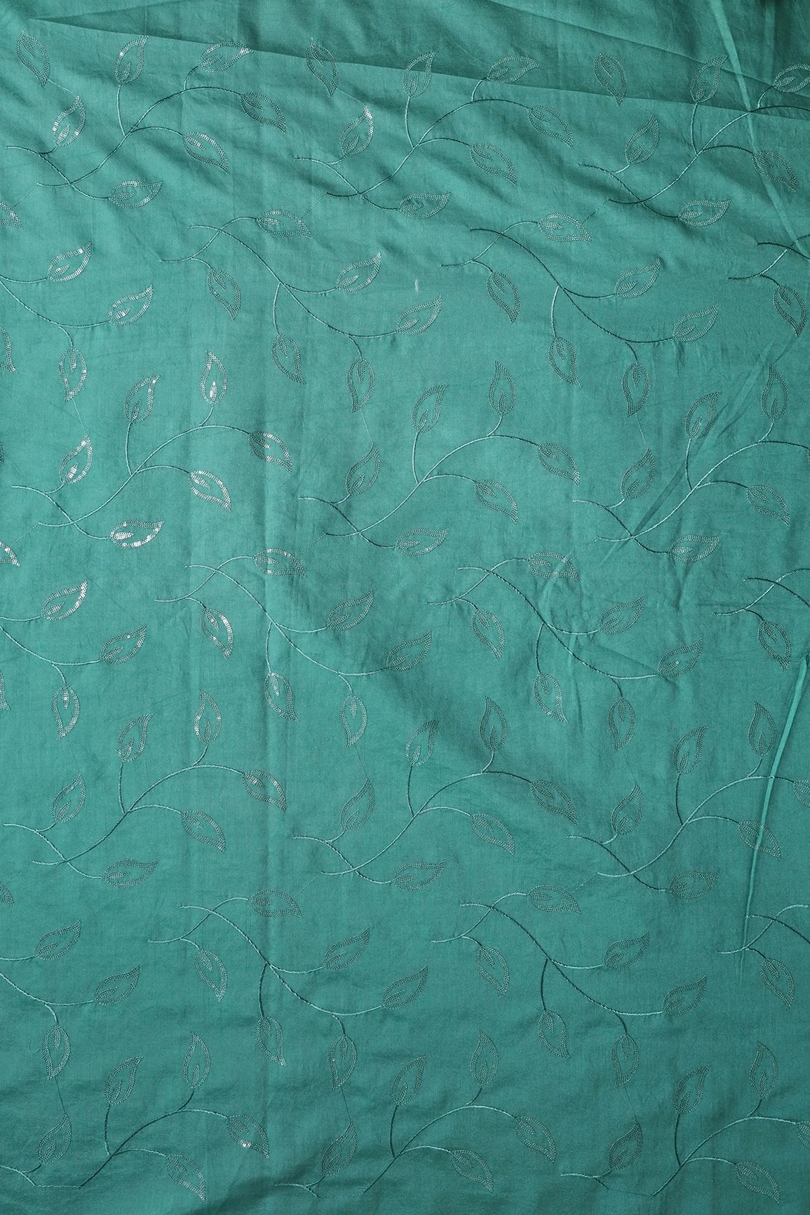 Beautiful Water Sequins Leafy Embroidery On Teal Pure Chanderi Silk Fabric - doeraa