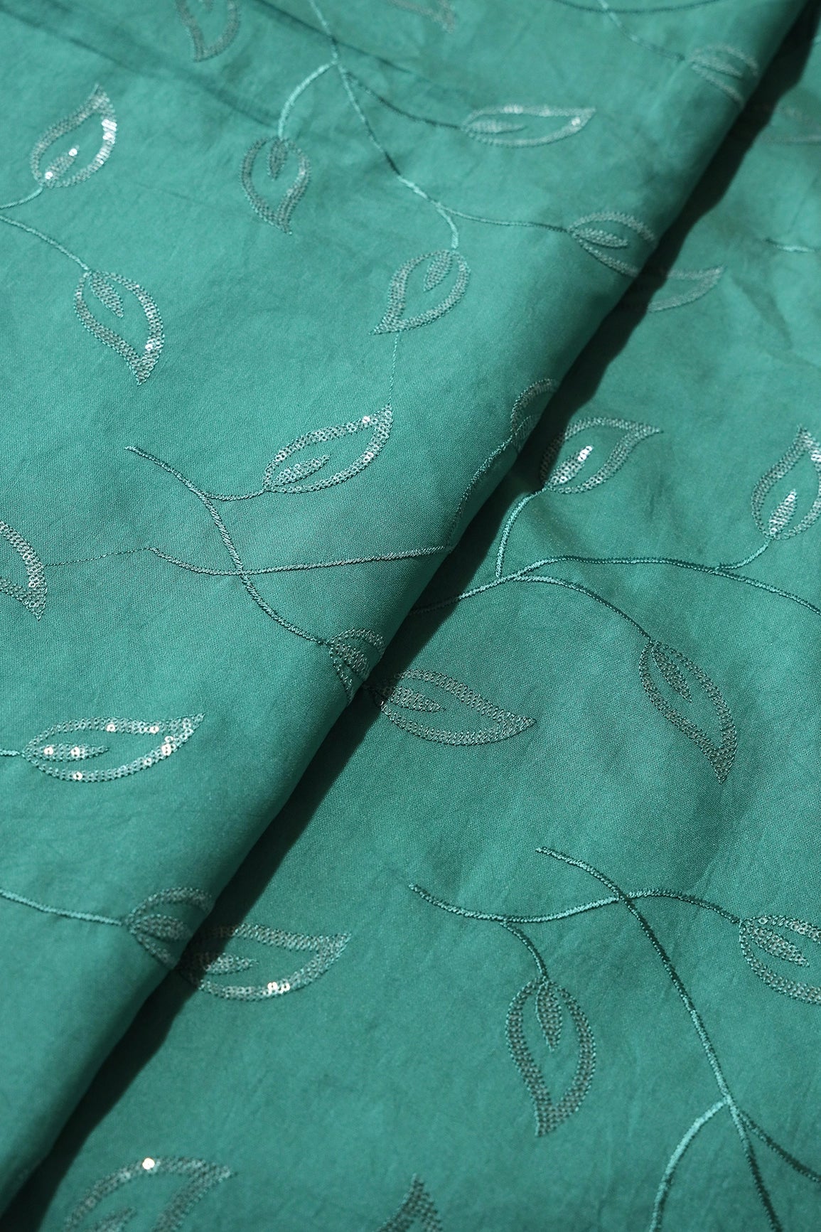 Beautiful Water Sequins Leafy Embroidery On Teal Pure Chanderi Silk Fabric - doeraa