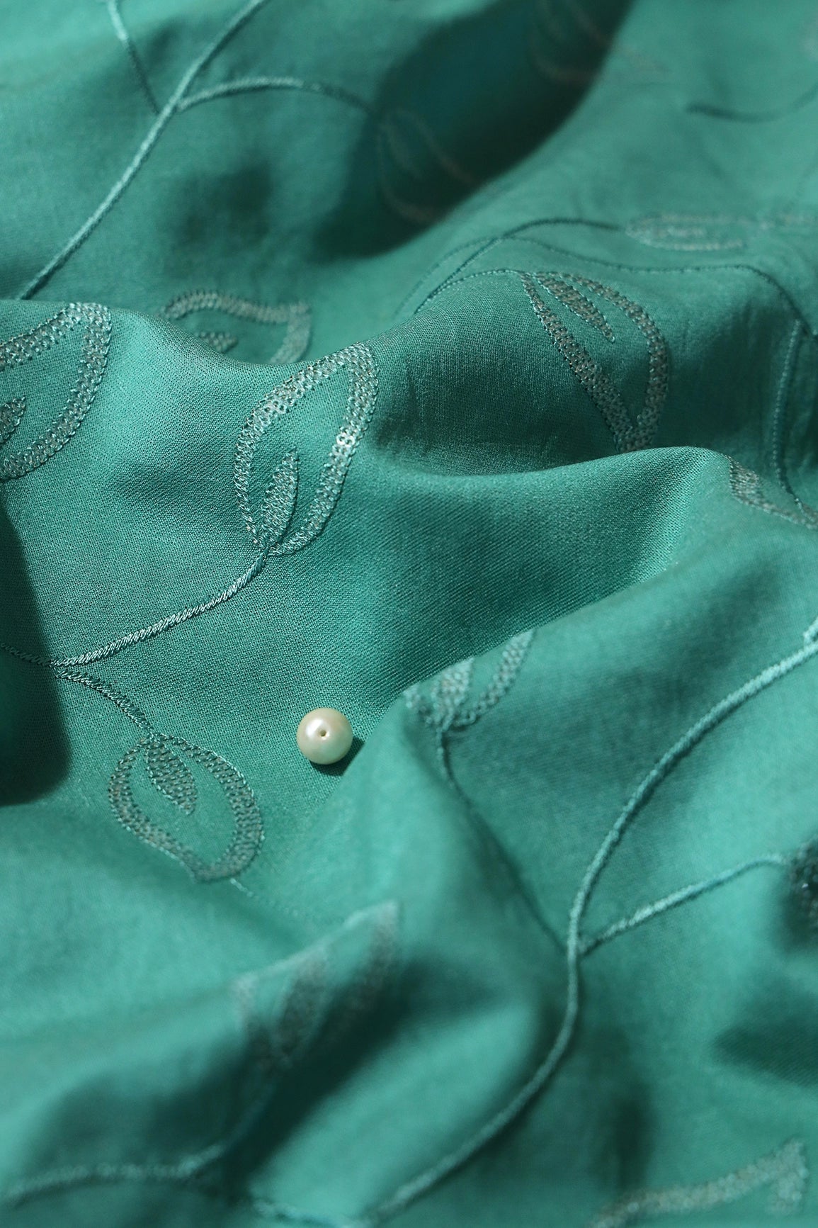 Beautiful Water Sequins Leafy Embroidery On Teal Pure Chanderi Silk Fabric - doeraa