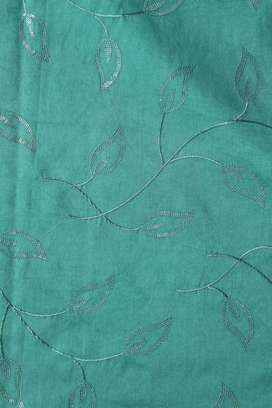 Beautiful Water Sequins Leafy Embroidery On Teal Pure Chanderi Silk Fabric - doeraa