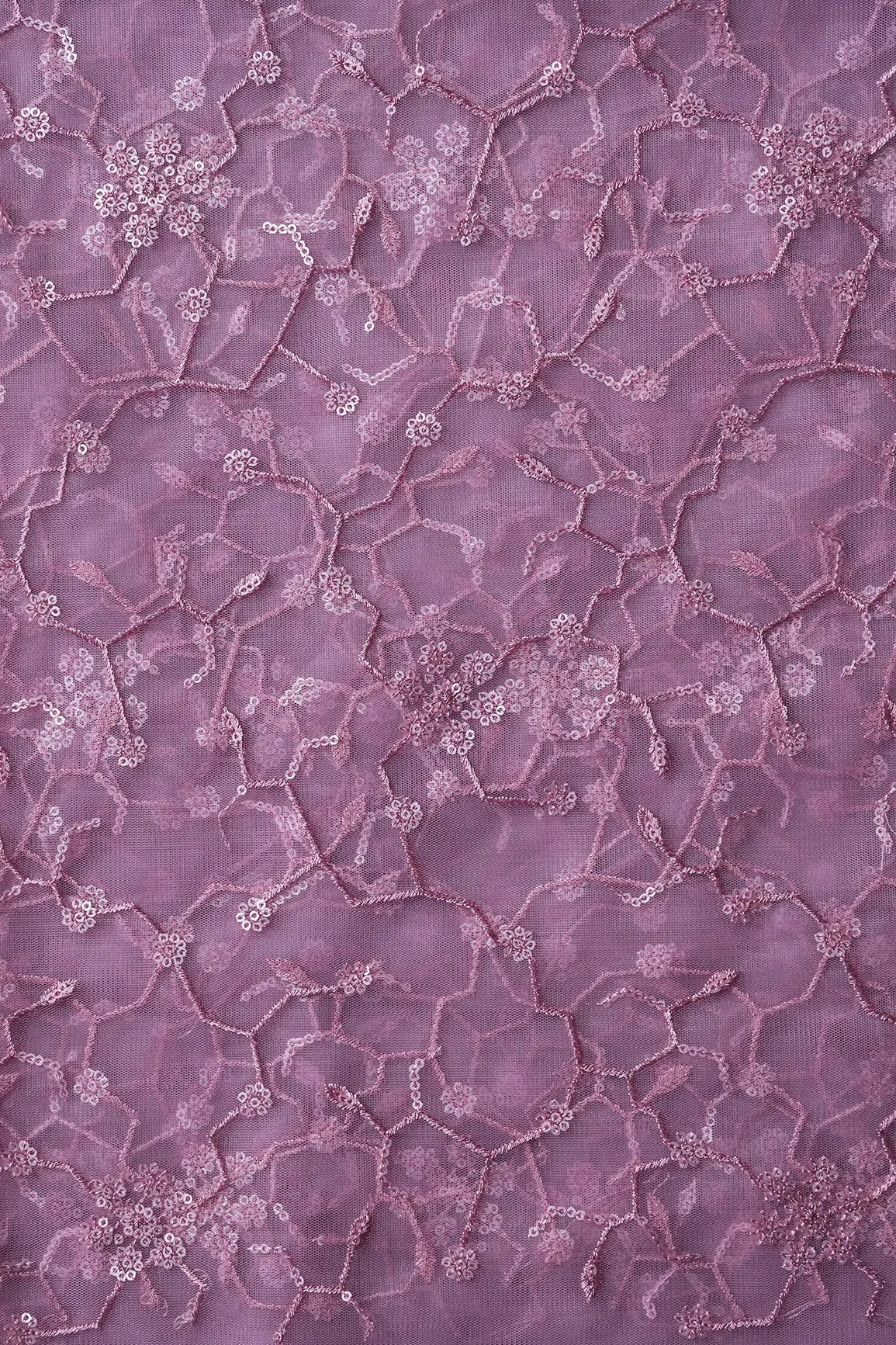 Beautiful Water Sequins Small Floral Embroidery On Mauve Soft Net Fabric - doeraa
