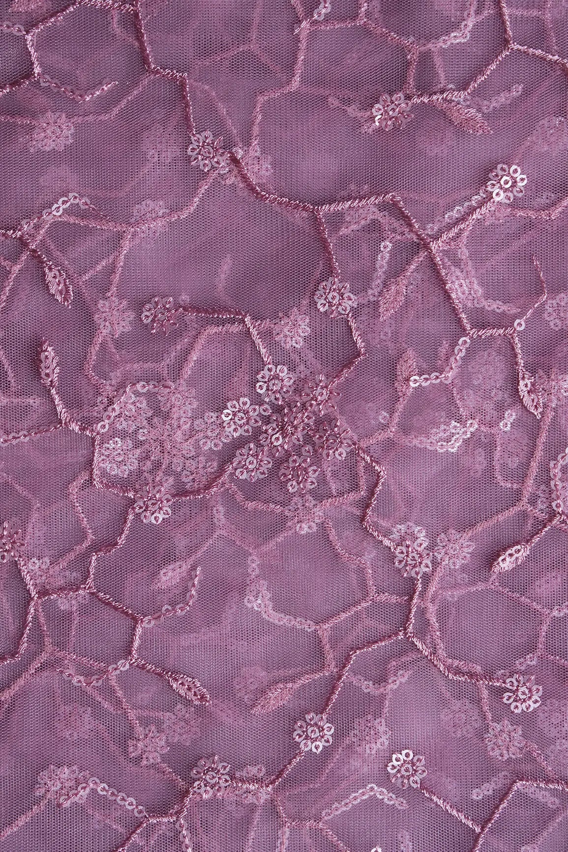 Beautiful Water Sequins Small Floral Embroidery On Mauve Soft Net Fabric - doeraa