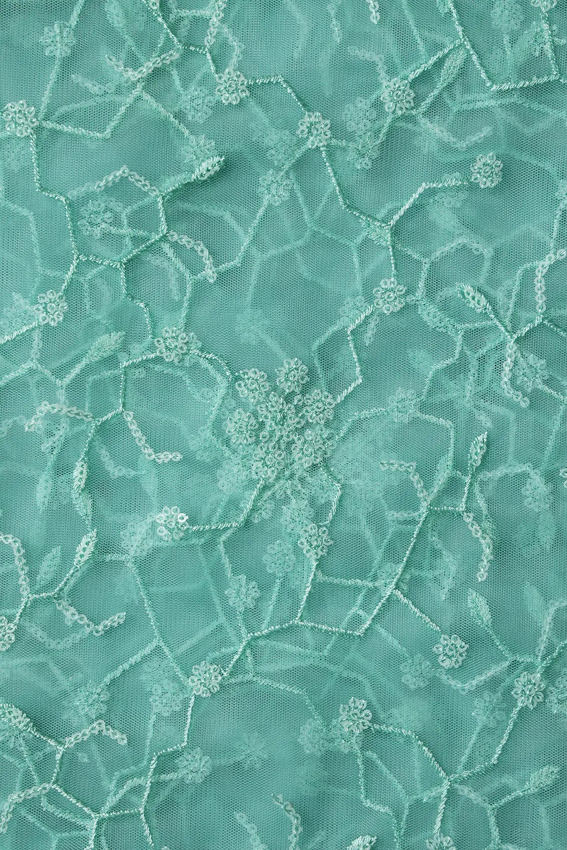 Beautiful Water Sequins Small Floral Embroidery On Sea Green Soft Net Fabric - doeraa