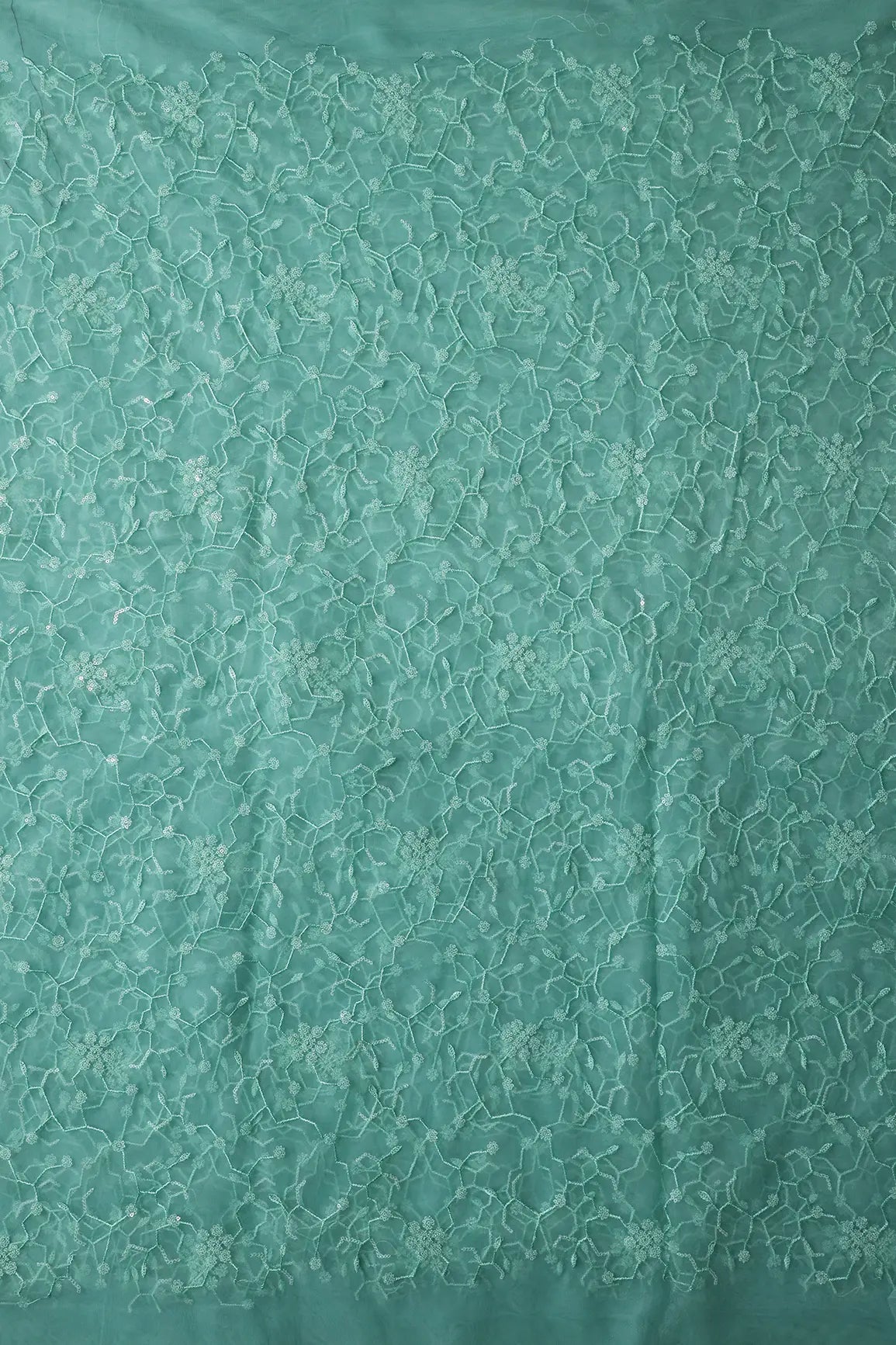 Beautiful Water Sequins Small Floral Embroidery On Sea Green Soft Net Fabric - doeraa