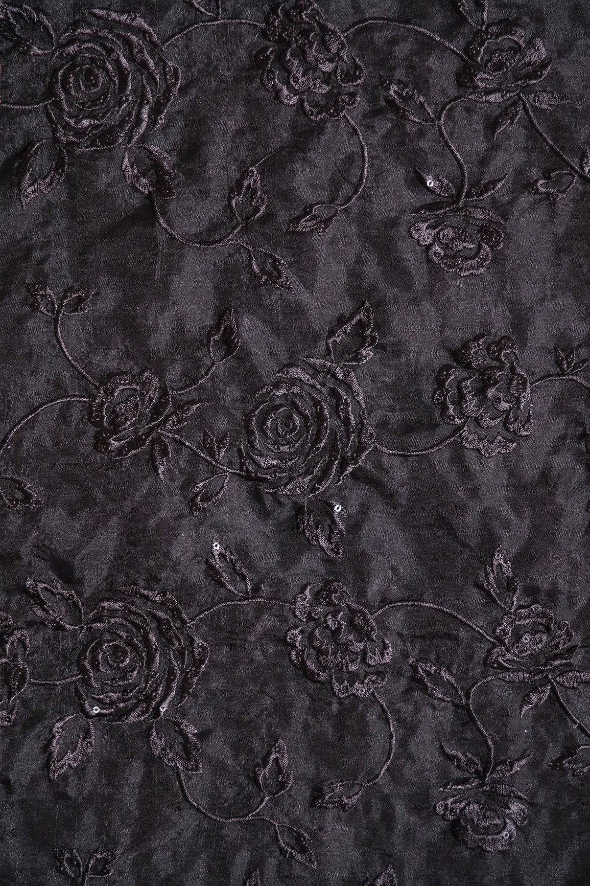 Beautiful Water Sequins With Thread Floral Embroidery On Black Organza Fabric - doeraa