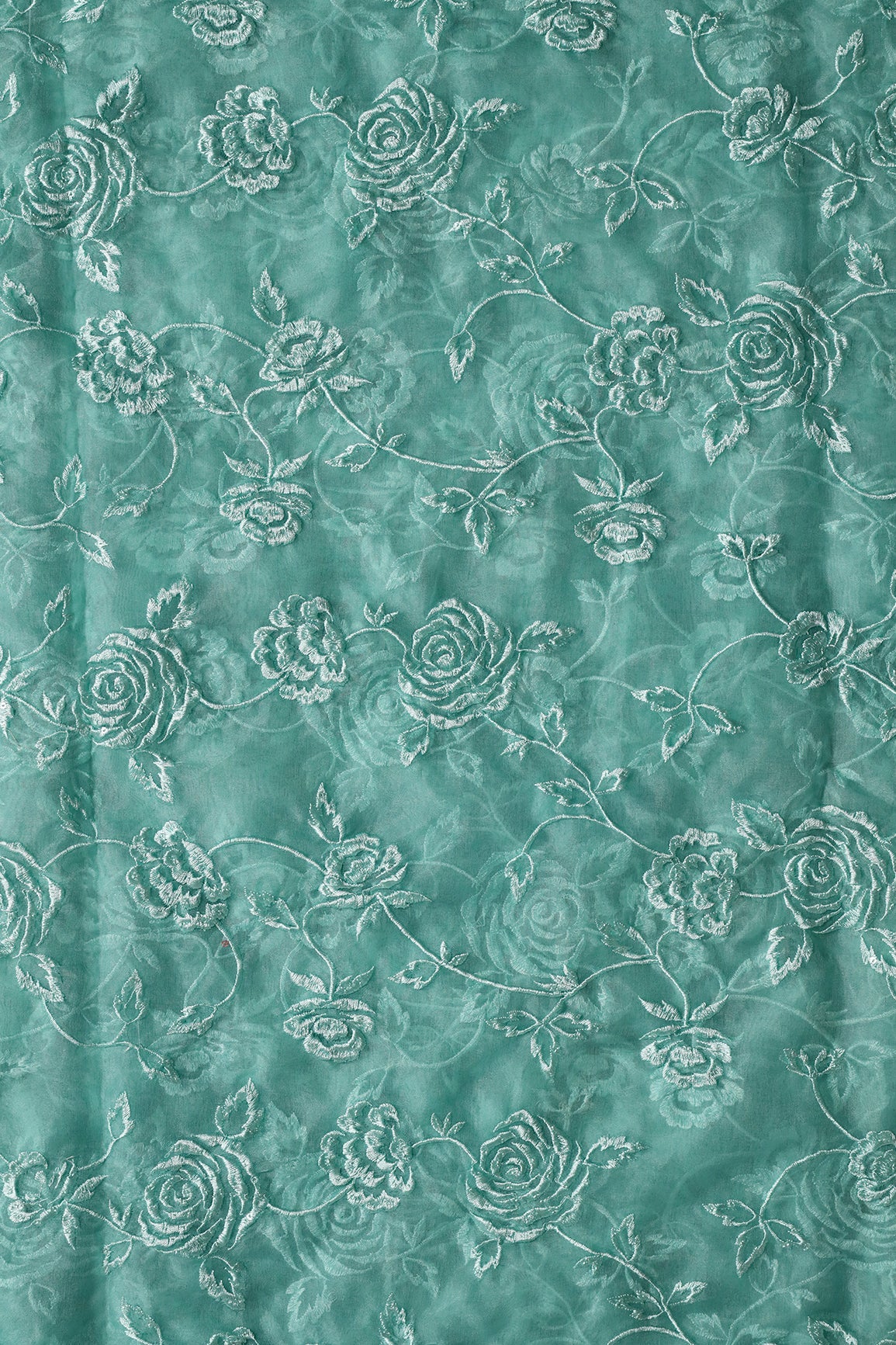 Beautiful Water Sequins With Thread Floral Embroidery On Teal Organza Fabric - doeraa