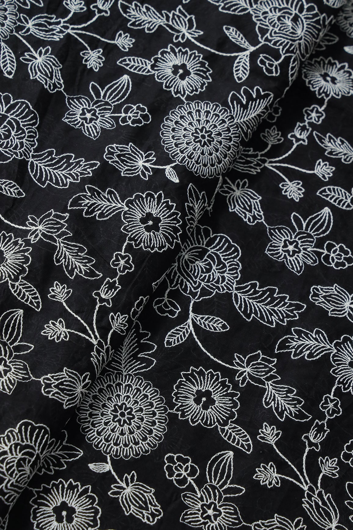 Beautiful White Thread Floral Embroidery Work On Black Pure Mul Cotton Fabric - doeraa