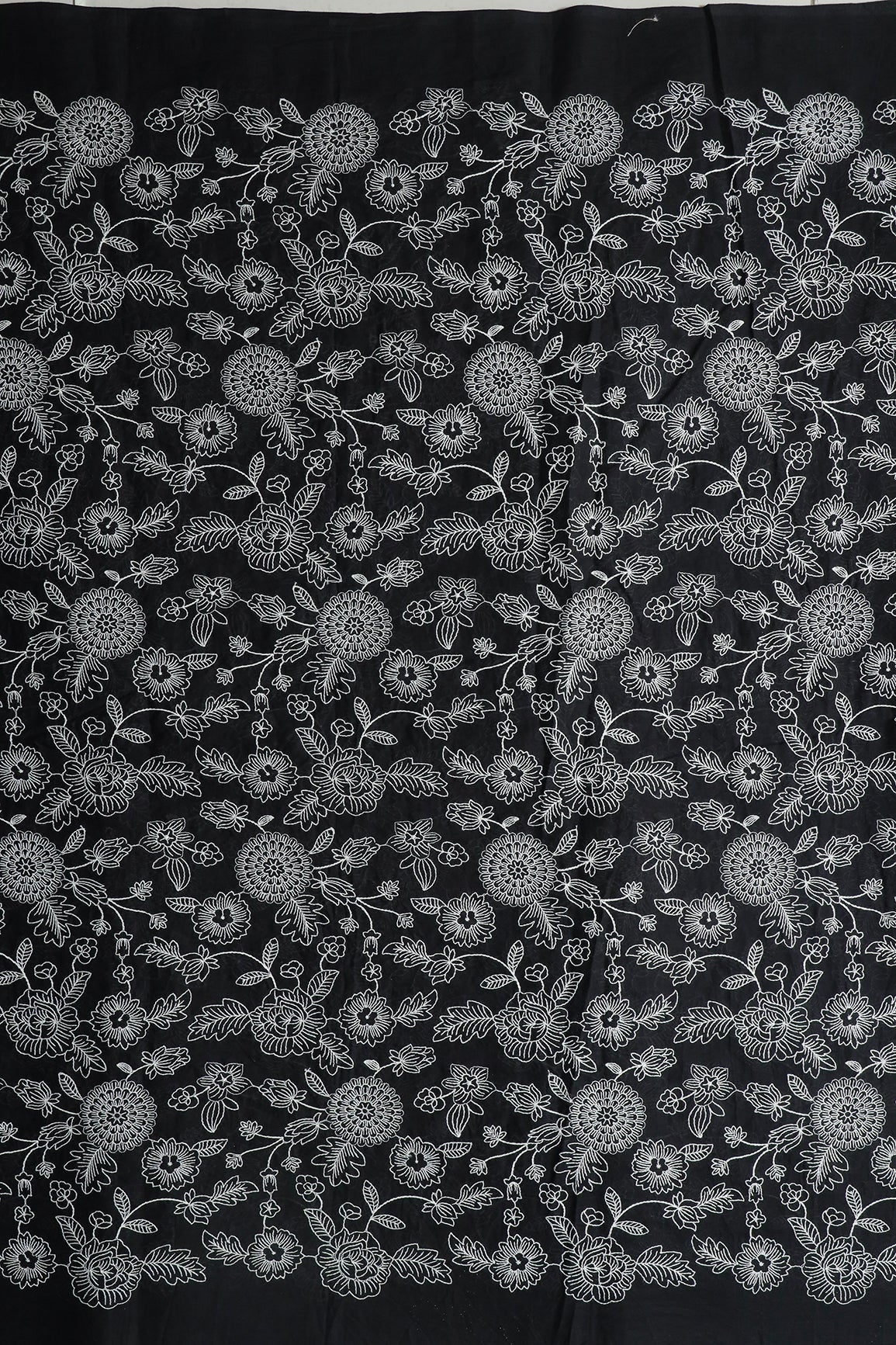 Beautiful White Thread Floral Embroidery Work On Black Pure Mul Cotton Fabric - doeraa