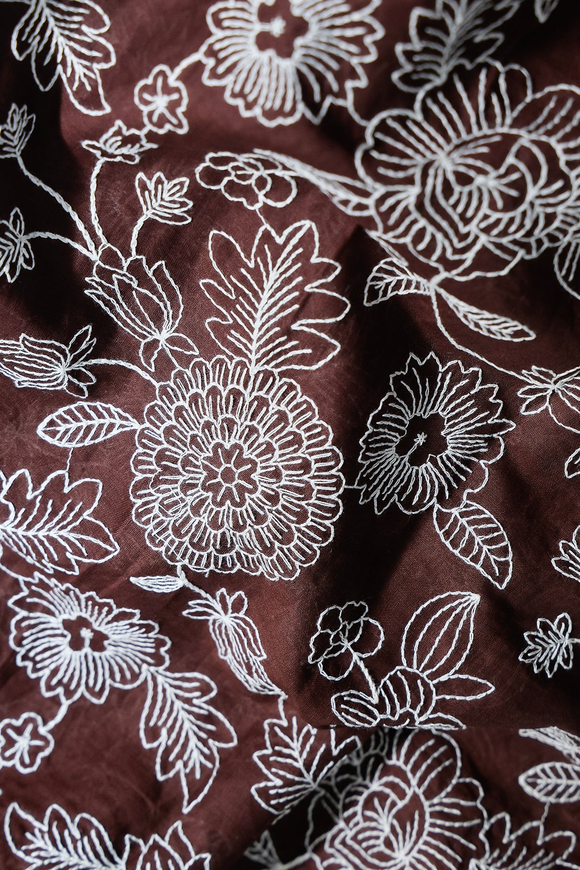 Beautiful White Thread Floral Embroidery Work On Coffee Brown Pure Mul Cotton Fabric - doeraa