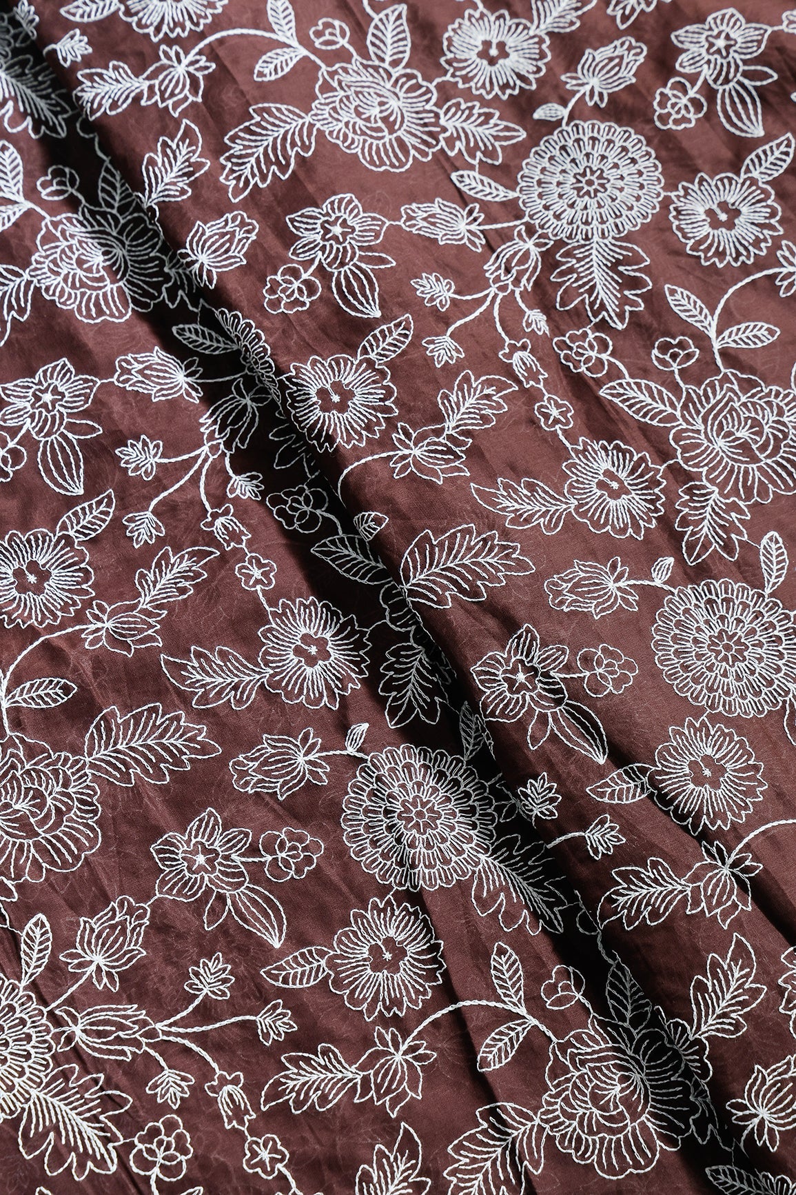 Beautiful White Thread Floral Embroidery Work On Coffee Brown Pure Mul Cotton Fabric - doeraa