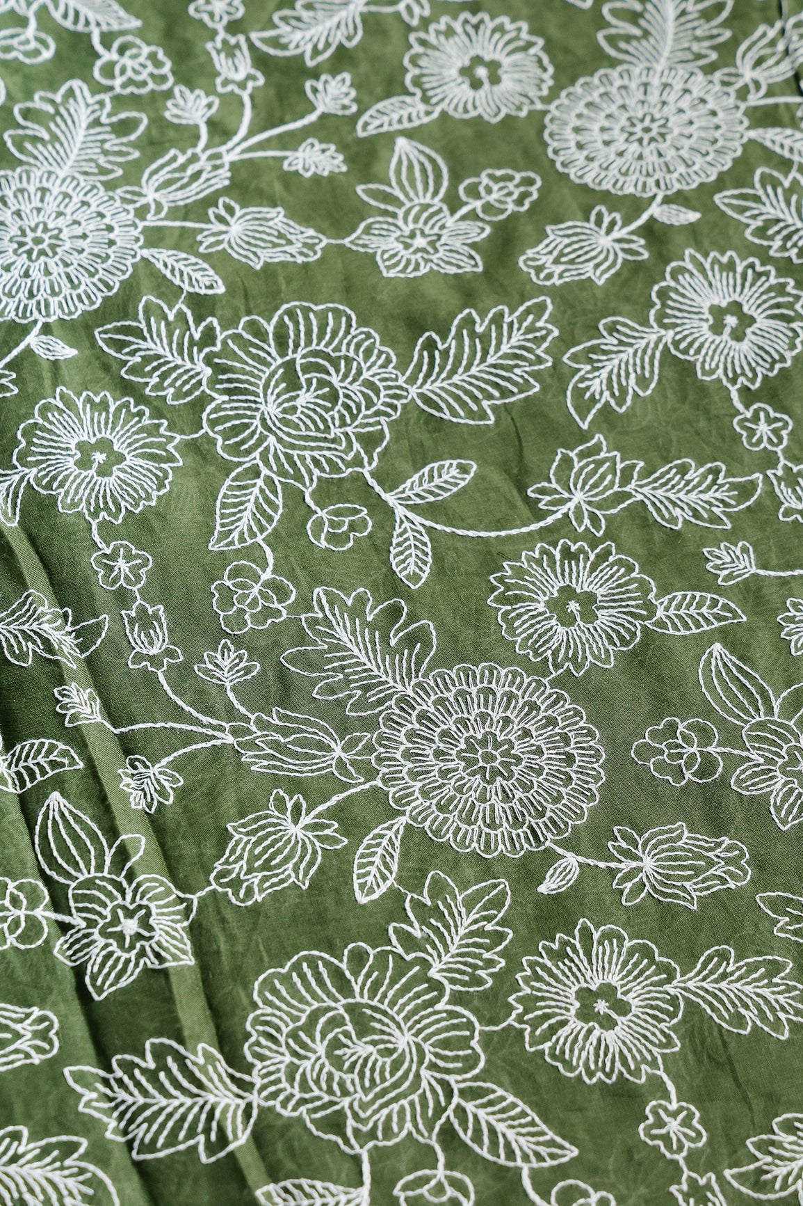 Beautiful White Thread Floral Embroidery Work On Mehndi Green Pure Mul Cotton Fabric - doeraa