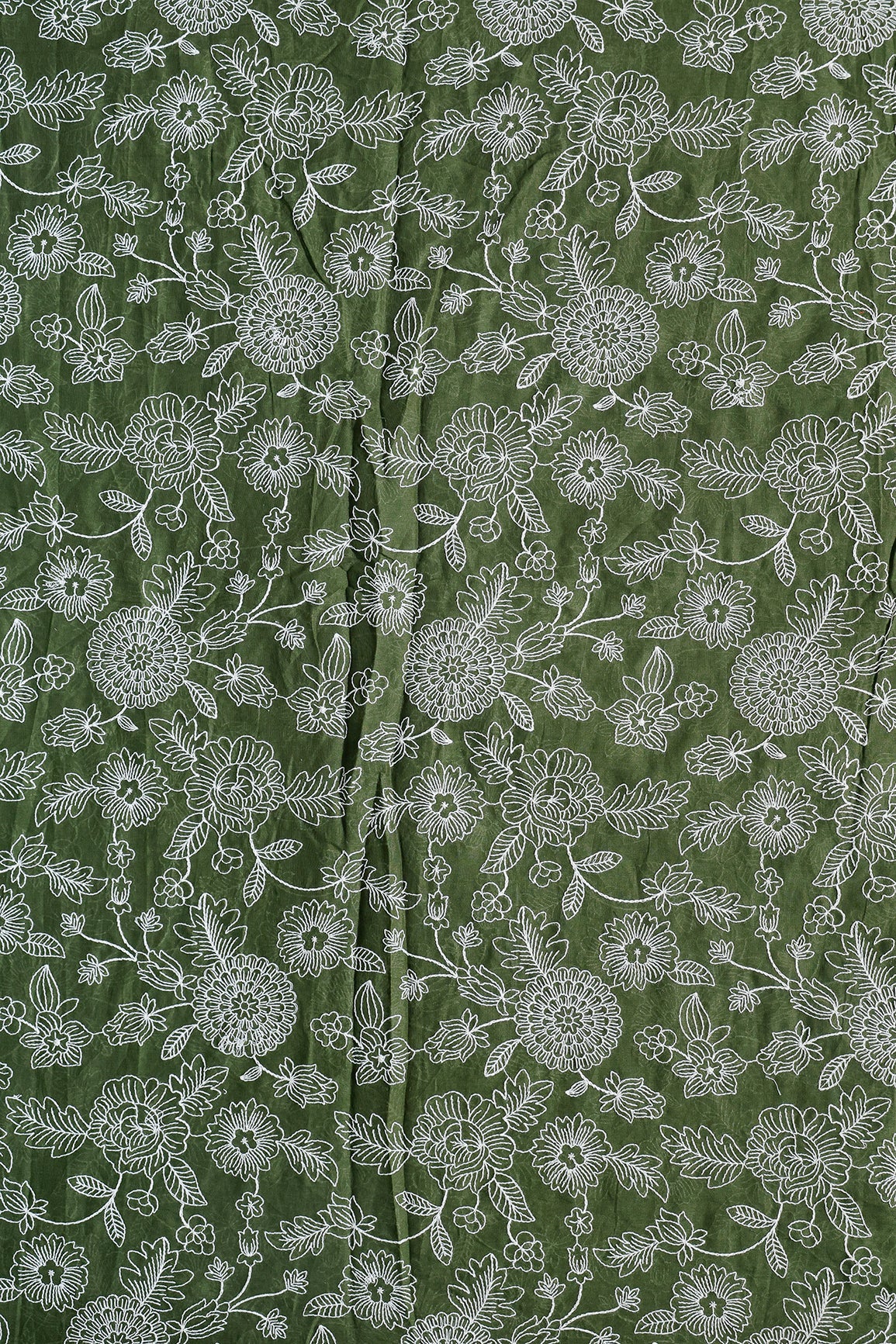 Beautiful White Thread Floral Embroidery Work On Mehndi Green Pure Mul Cotton Fabric - doeraa