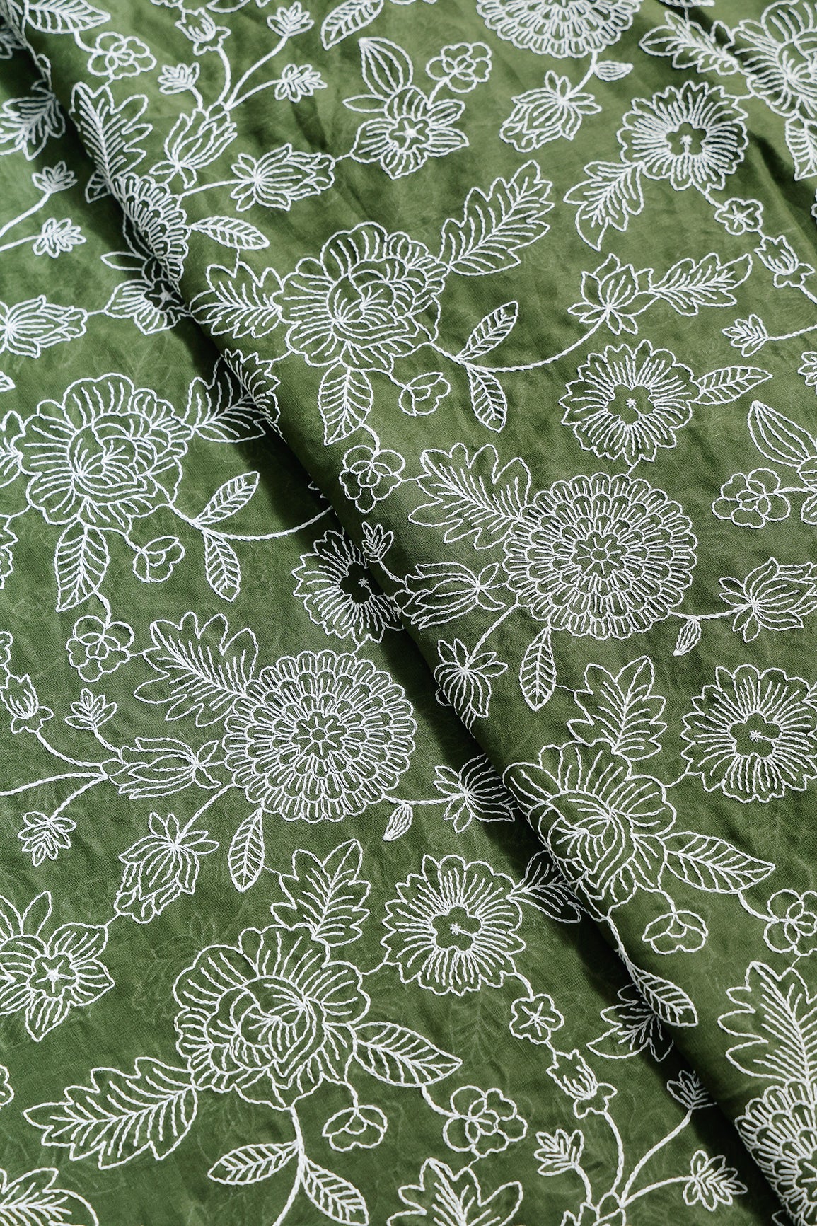 Beautiful White Thread Floral Embroidery Work On Mehndi Green Pure Mul Cotton Fabric - doeraa