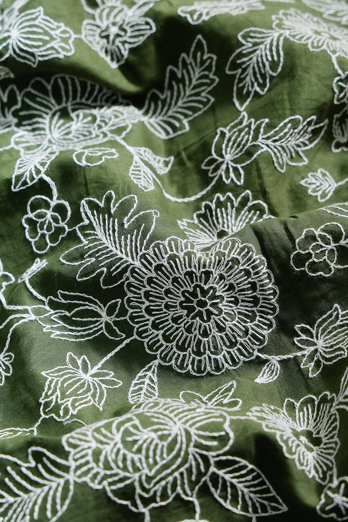 Beautiful White Thread Floral Embroidery Work On Mehndi Green Pure Mul Cotton Fabric - doeraa
