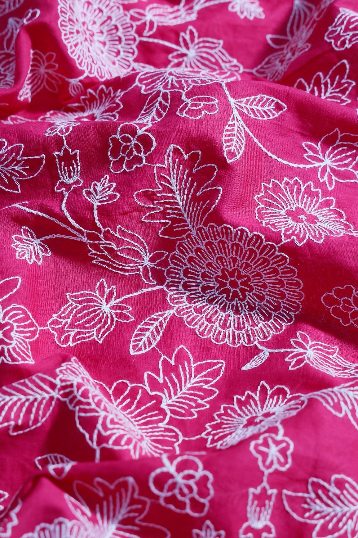 Beautiful White Thread Floral Embroidery Work On Rani Pure Mul Cotton Fabric - doeraa