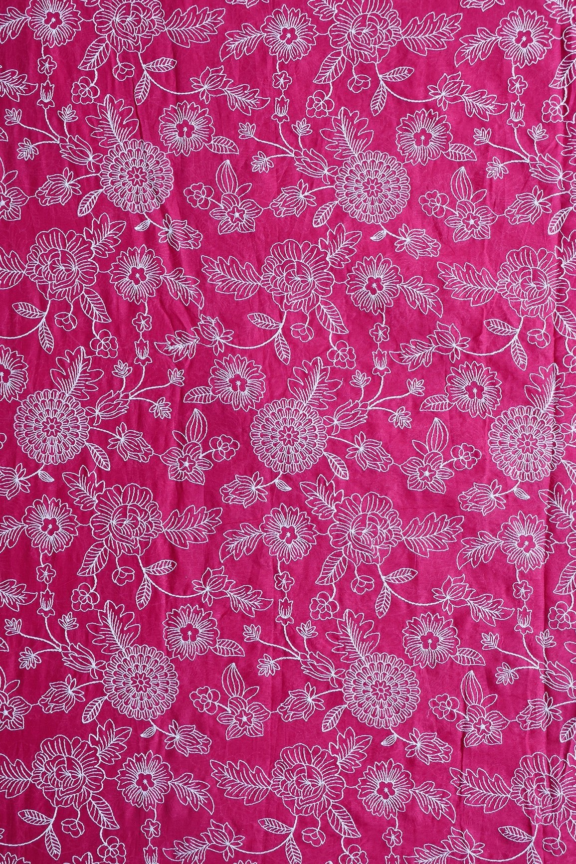 Beautiful White Thread Floral Embroidery Work On Rani Pure Mul Cotton Fabric - doeraa