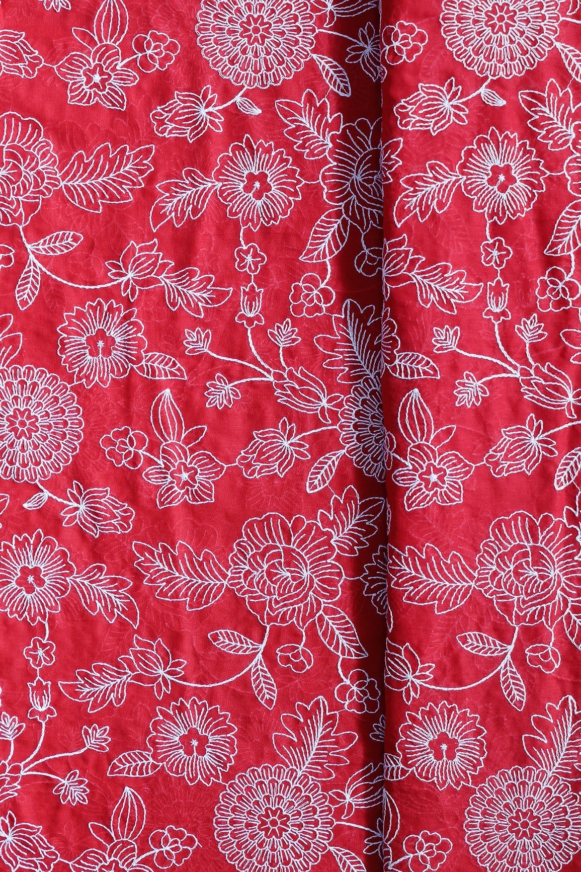Beautiful White Thread Floral Embroidery Work On Red Pure Mul Cotton Fabric - doeraa