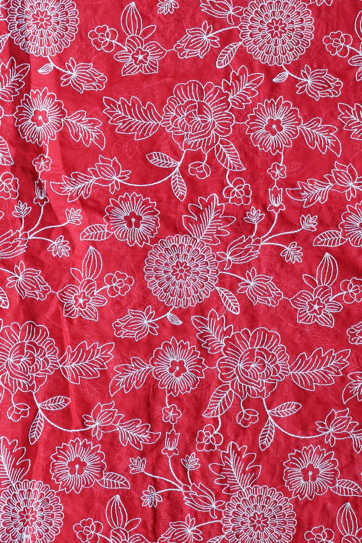 Beautiful White Thread Floral Embroidery Work On Red Pure Mul Cotton Fabric - doeraa