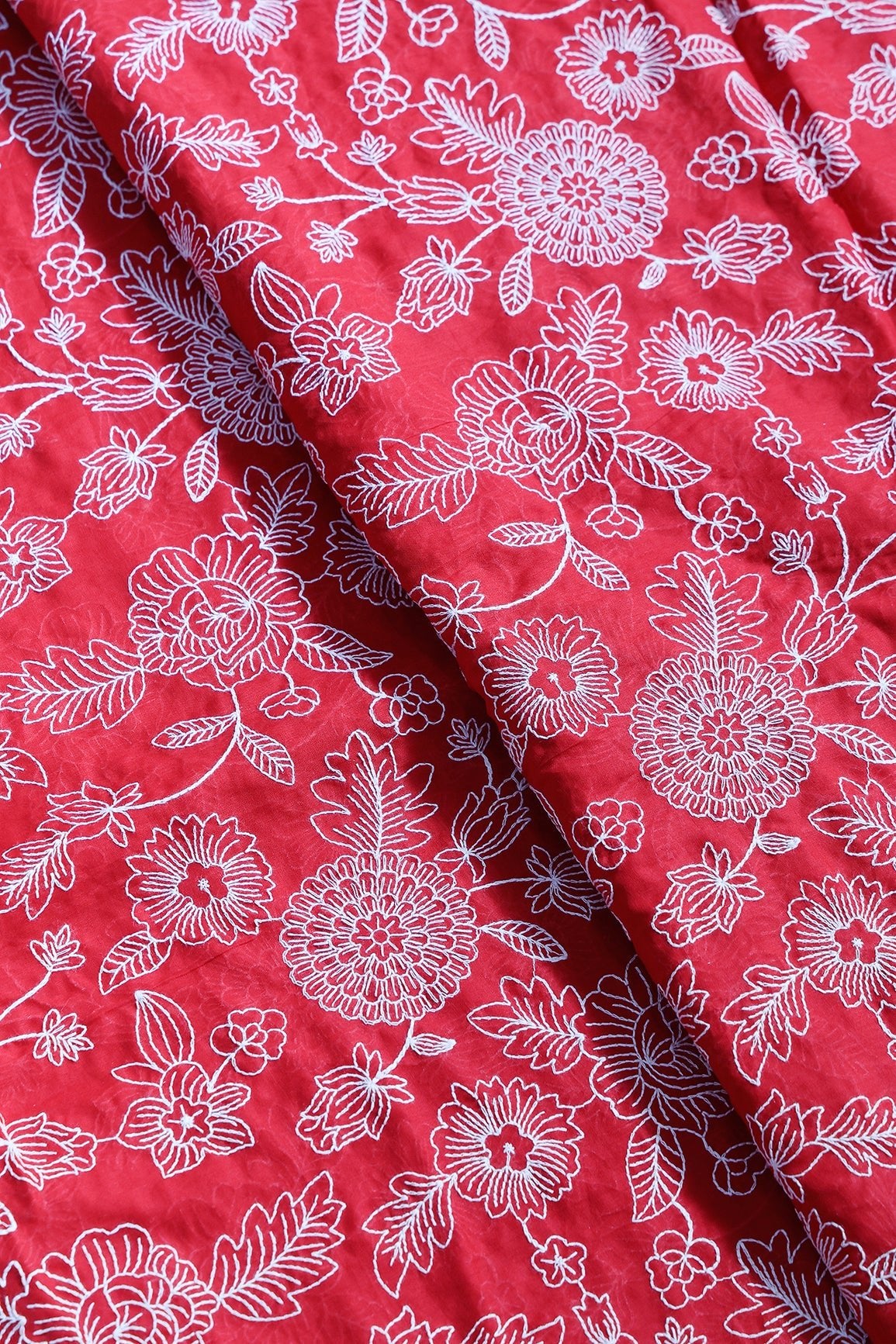 Beautiful White Thread Floral Embroidery Work On Red Pure Mul Cotton Fabric - doeraa