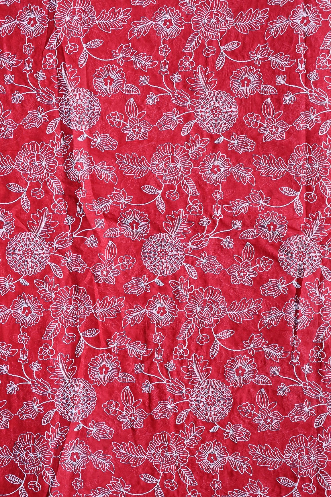 Beautiful White Thread Floral Embroidery Work On Red Pure Mul Cotton Fabric - doeraa
