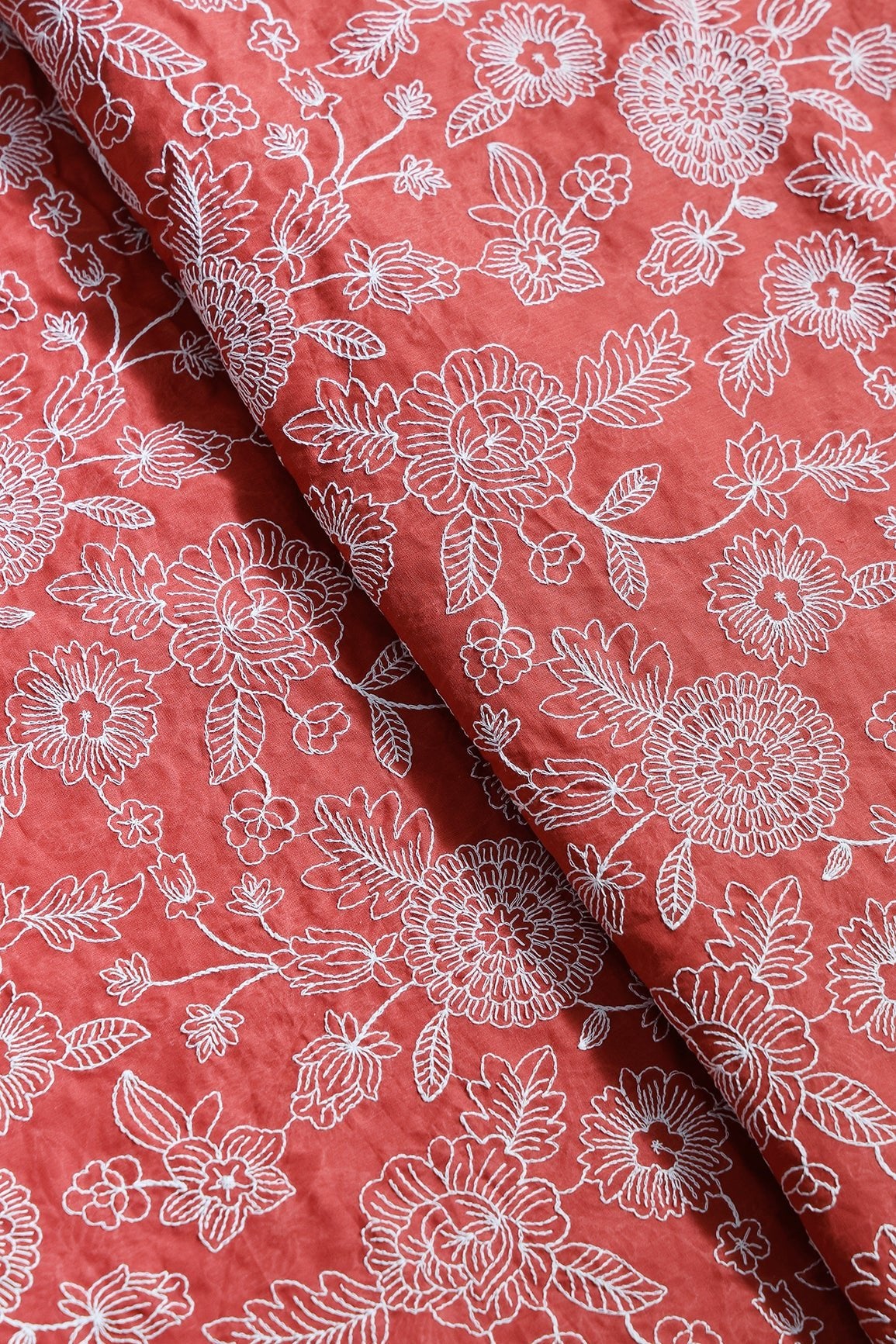Beautiful White Thread Floral Embroidery Work On Rust Orange Pure Mul Cotton Fabric - doeraa