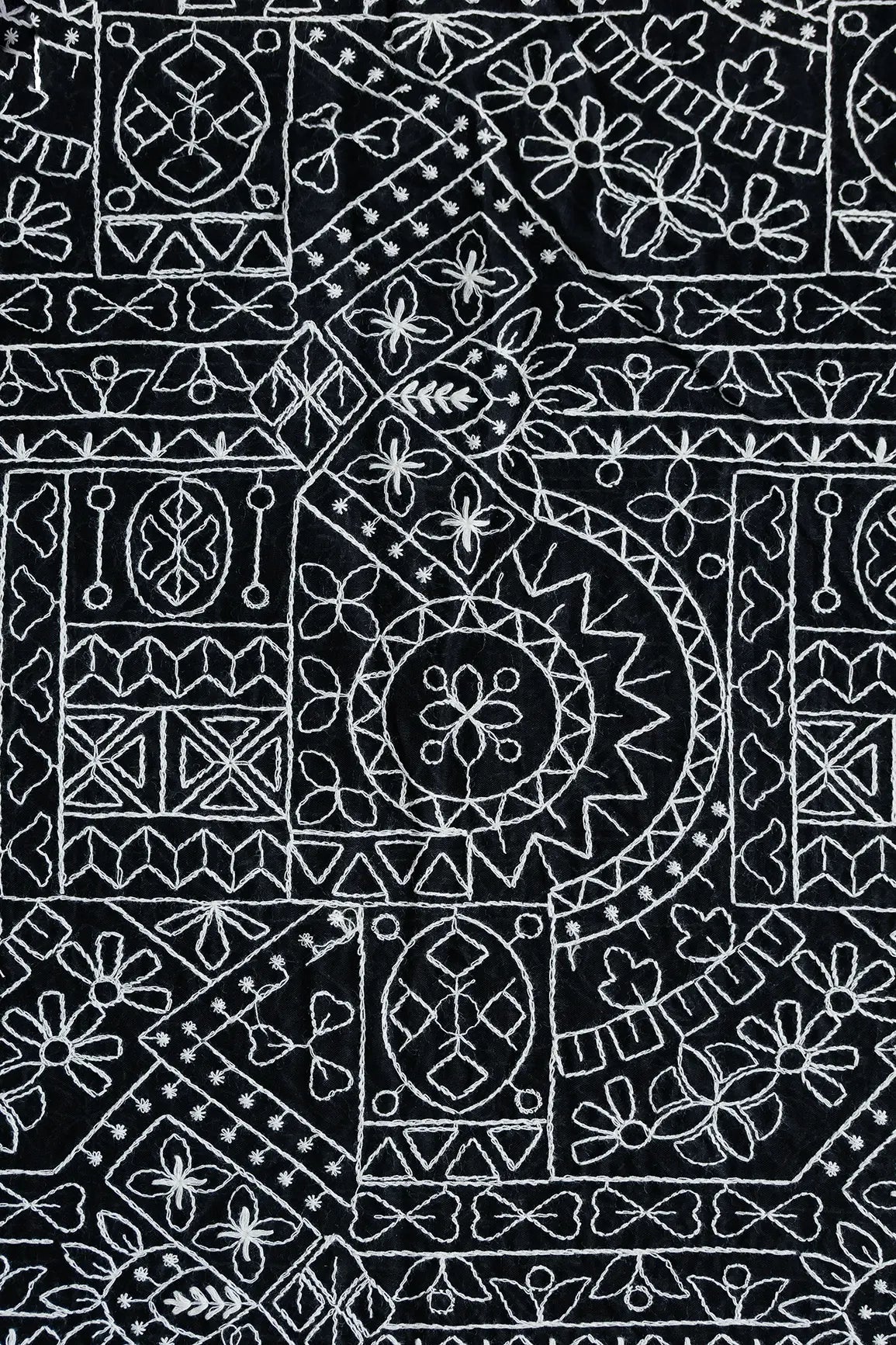 Beautiful White Thread Traditional Embroidery Work On Black Pure Mul Cotton Fabric - doeraa