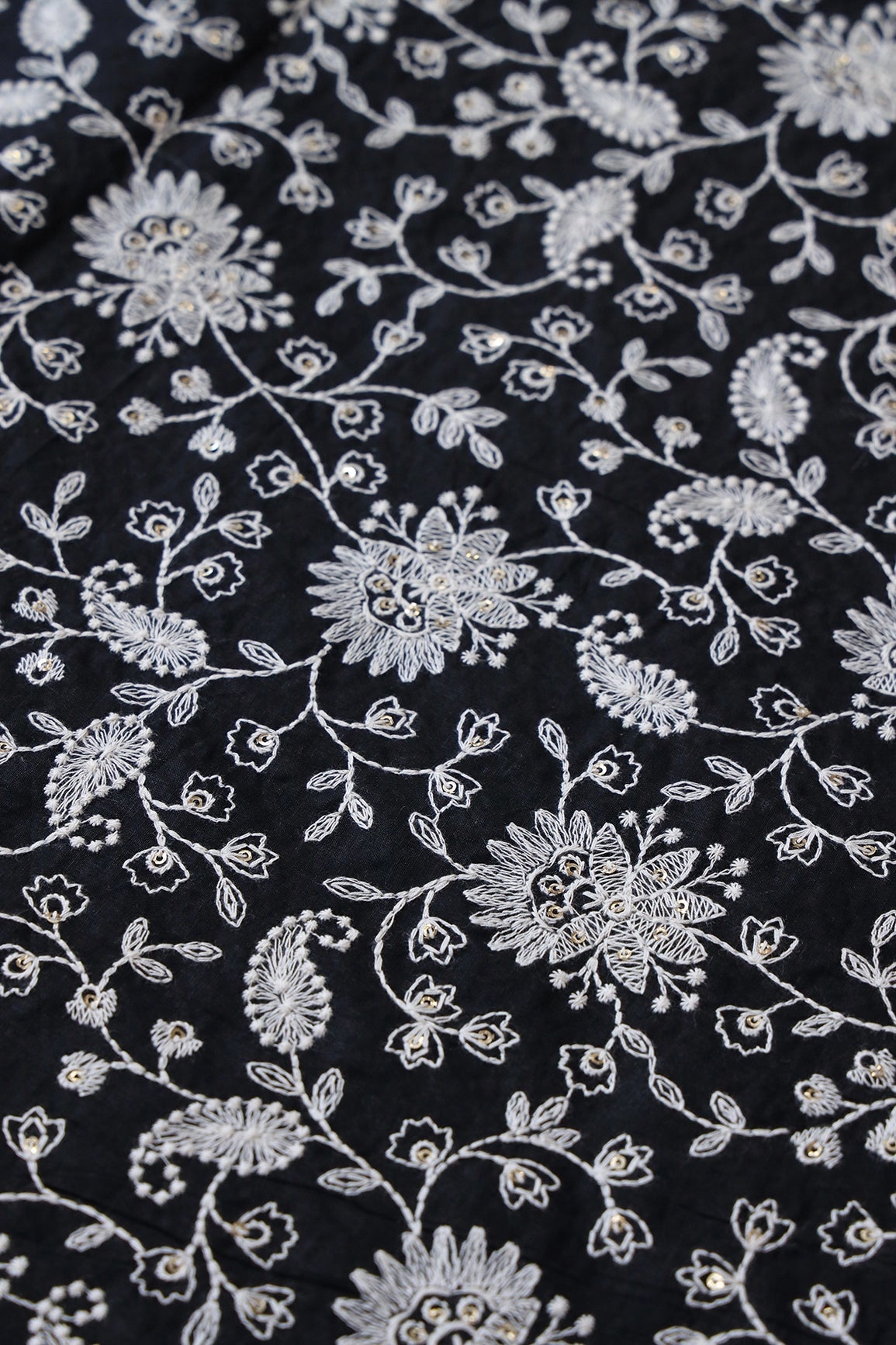 Beautiful White Thread With Gold Sequins Lucknowi Floral Embroidery Work On Black Soft Cotton Fabric - doeraa