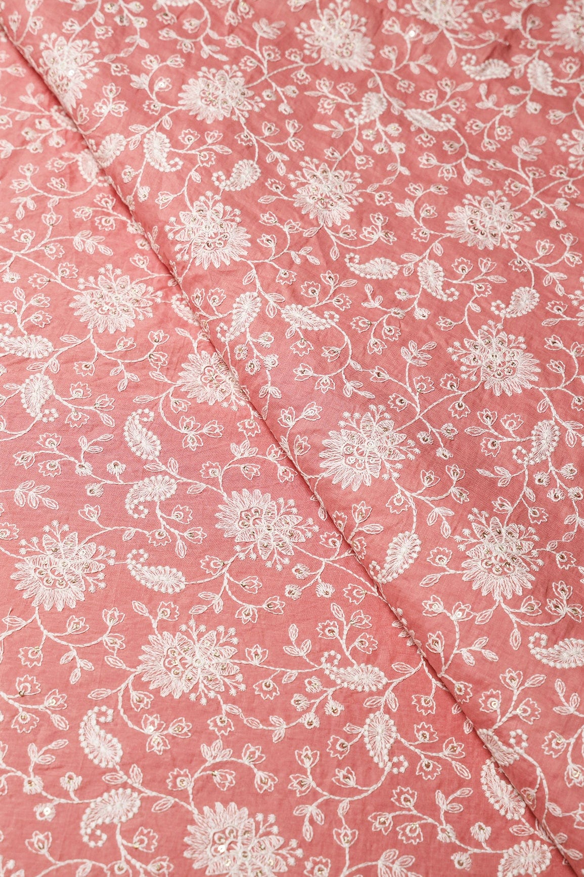 Beautiful White Thread With Gold Sequins Lucknowi Floral Embroidery Work On Peach Soft Cotton Fabric - doeraa