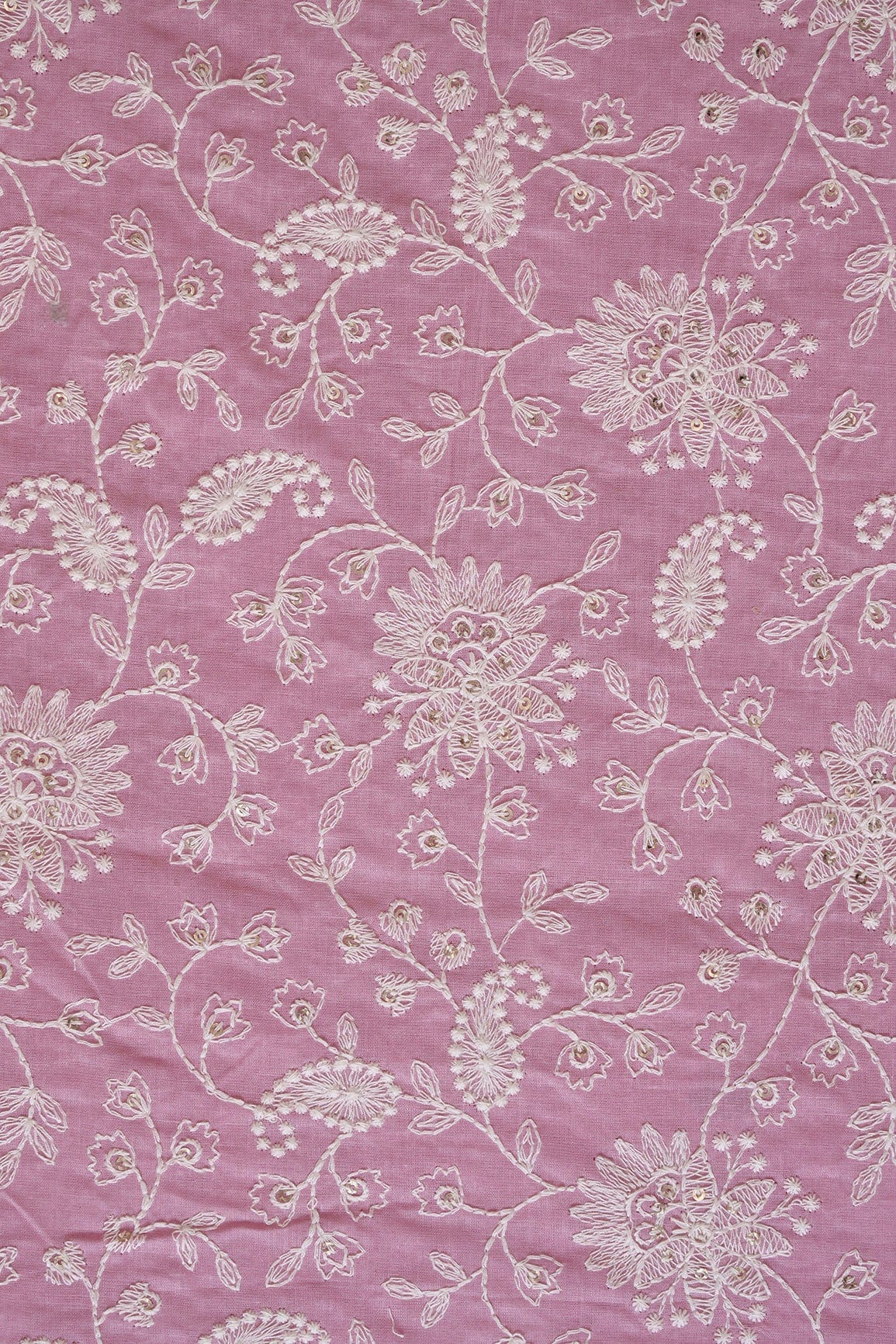 Beautiful White Thread With Gold Sequins Lucknowi Floral Embroidery Work On Pink Soft Cotton Fabric - doeraa