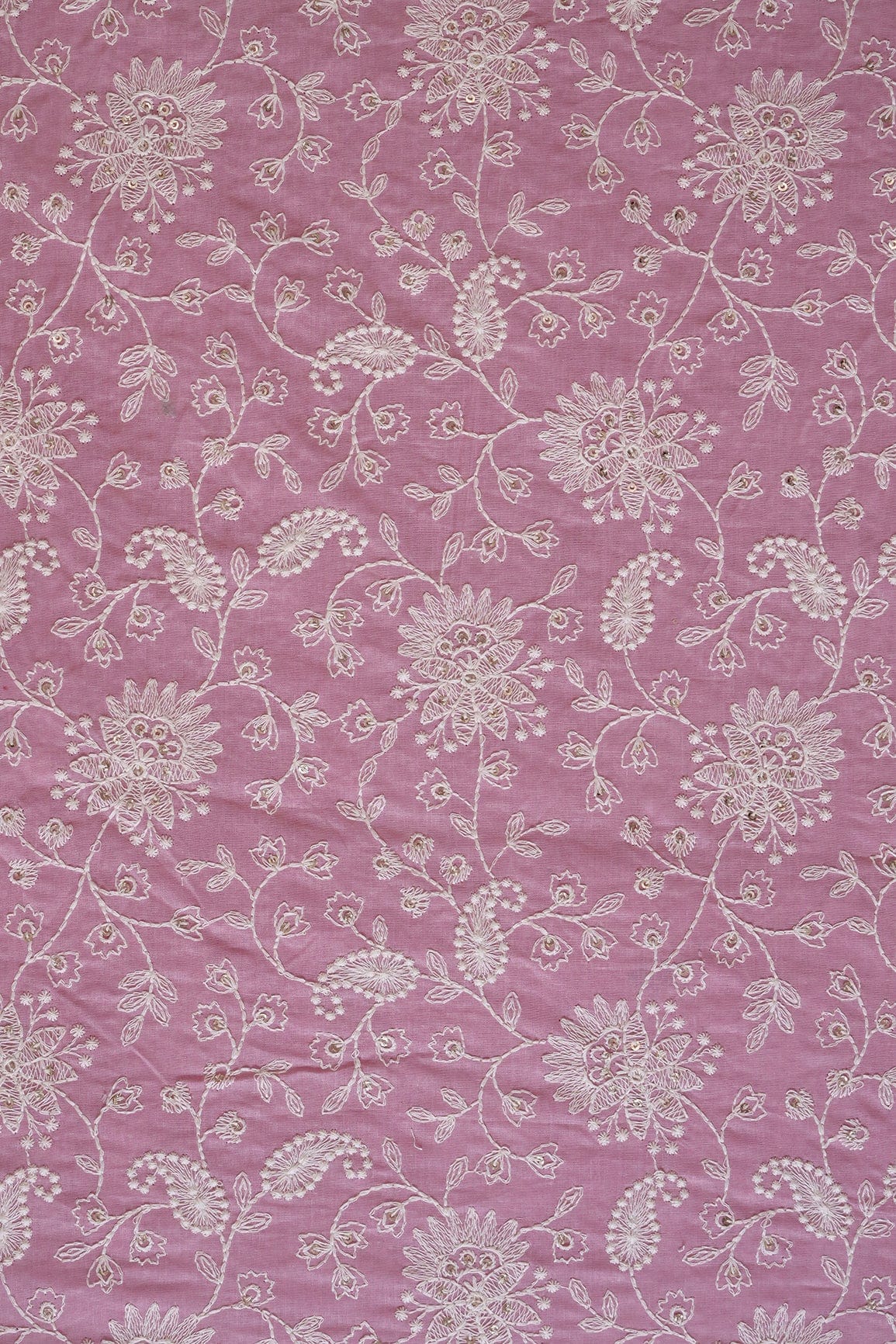 Beautiful White Thread With Gold Sequins Lucknowi Floral Embroidery Work On Pink Soft Cotton Fabric - doeraa