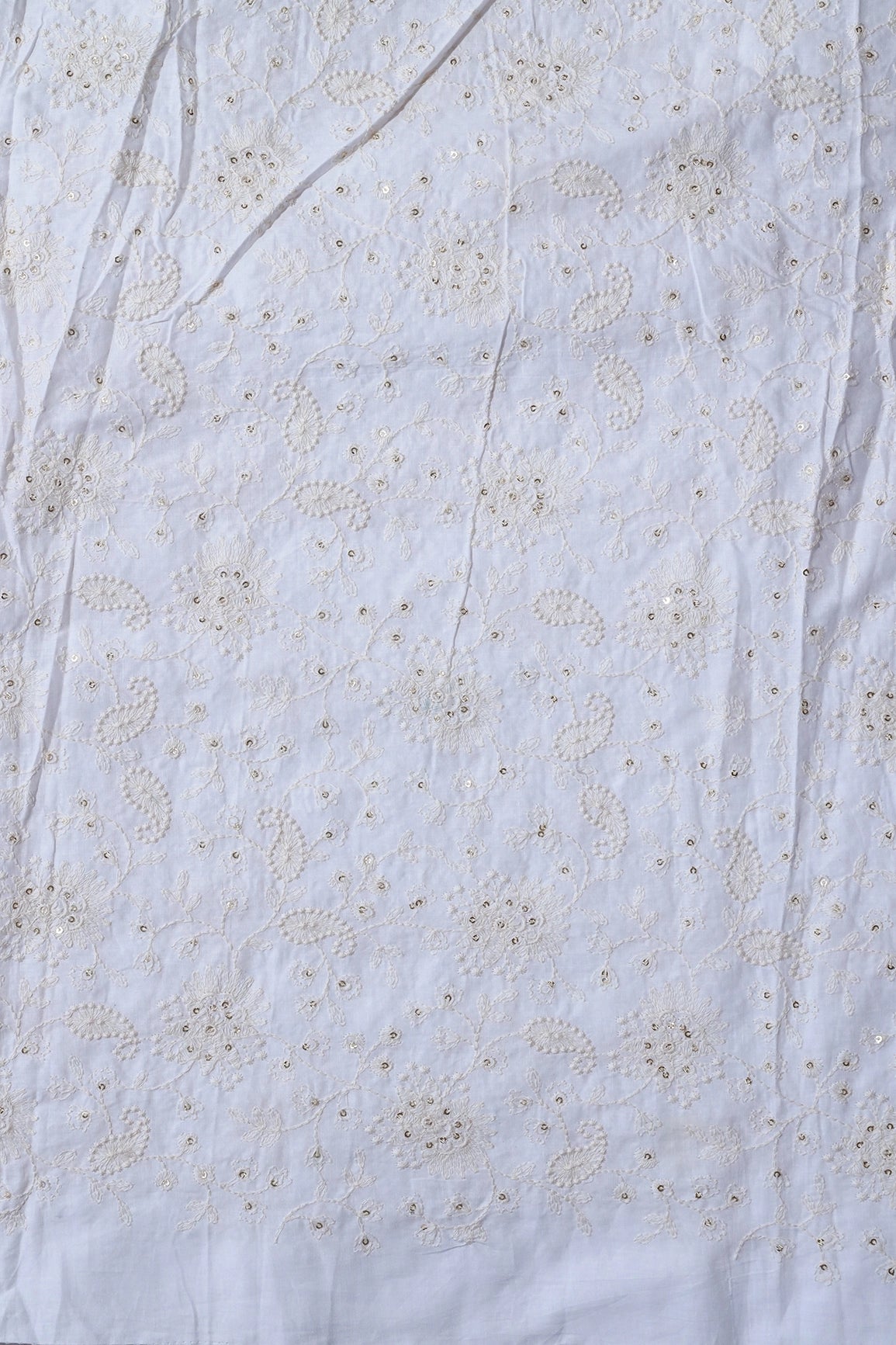 Beautiful White Thread With Gold Sequins Lucknowi Floral Embroidery Work On White Soft Cotton Fabric - doeraa