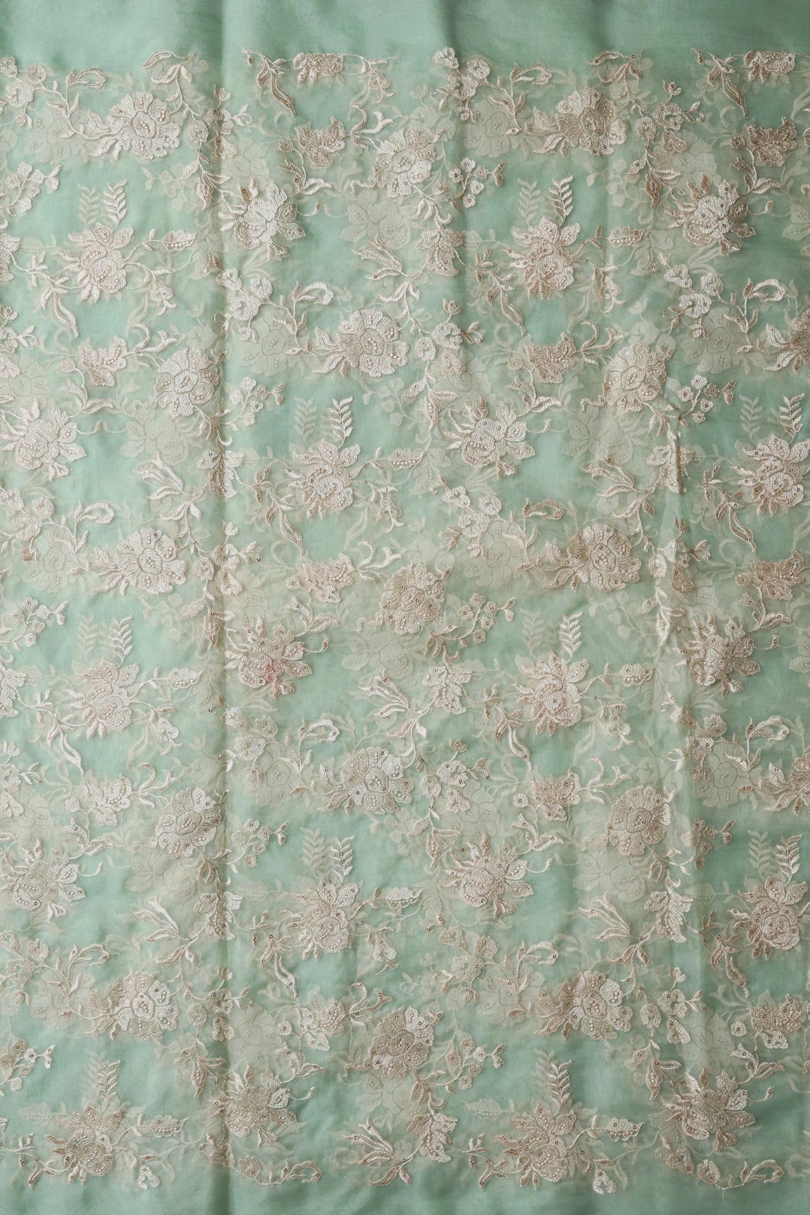 Beautiful White Thread With Sequins Floral Embroidery Work On Pista Green Organza Fabric - doeraa