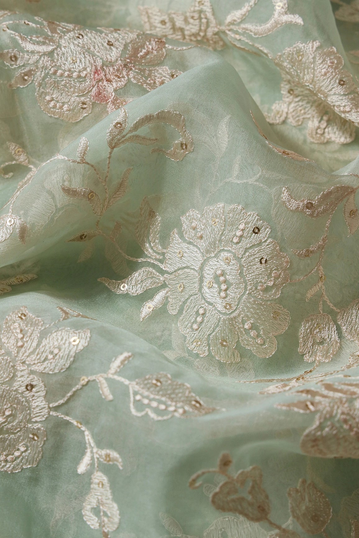 Beautiful White Thread With Sequins Floral Embroidery Work On Pista Green Organza Fabric - doeraa