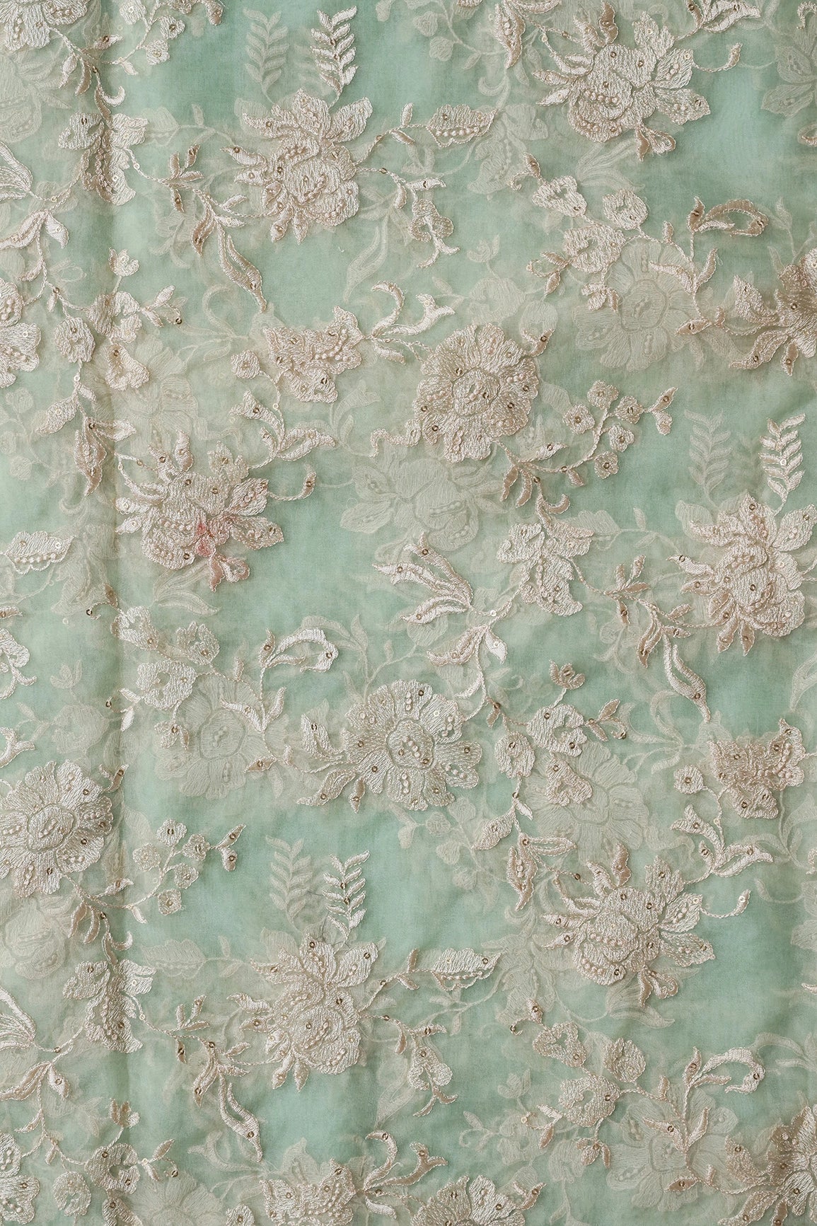 Beautiful White Thread With Sequins Floral Embroidery Work On Pista Green Organza Fabric - doeraa