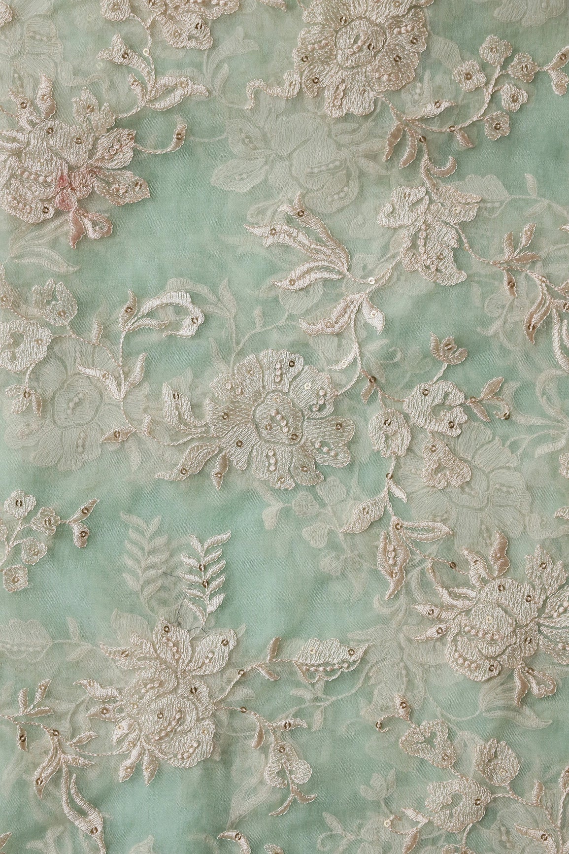 Beautiful White Thread With Sequins Floral Embroidery Work On Pista Green Organza Fabric - doeraa