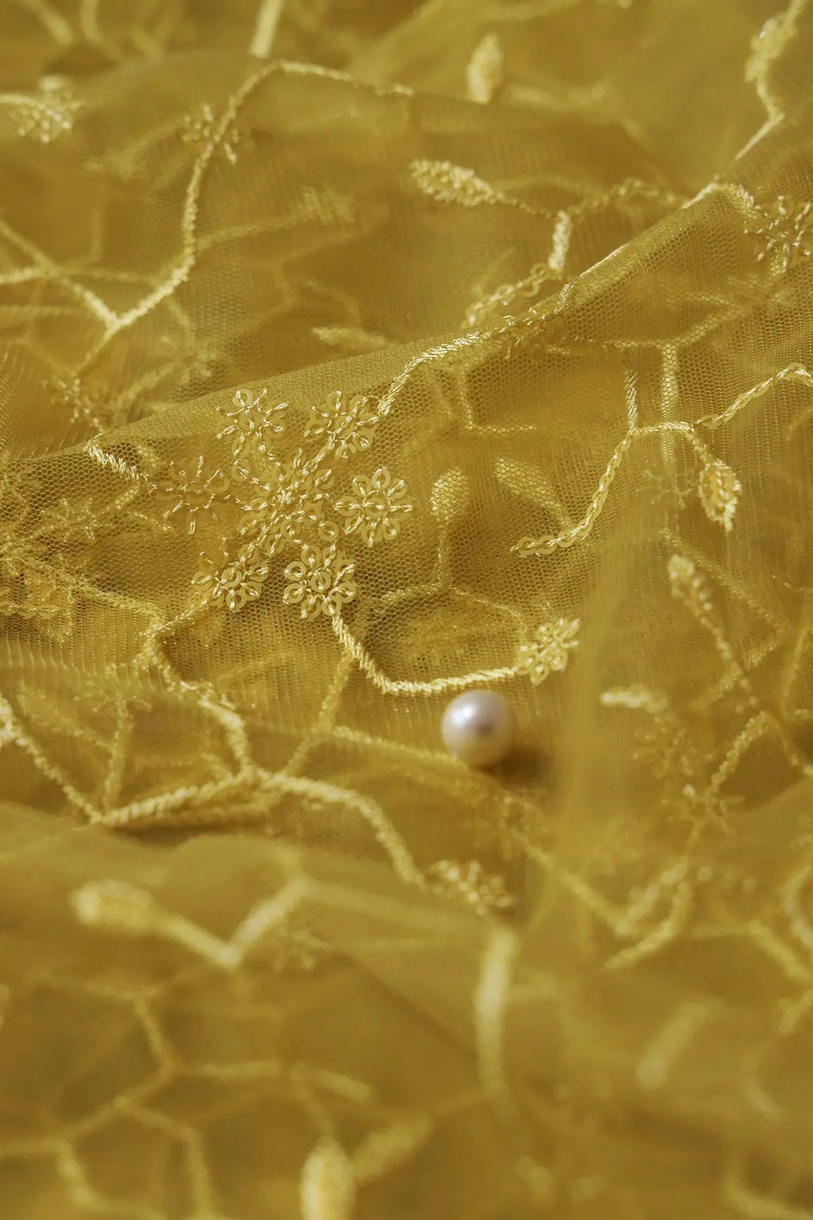 Beautiful Yellow Sequins Small Floral Embroidery On Yellow Soft Net Fabric - doeraa
