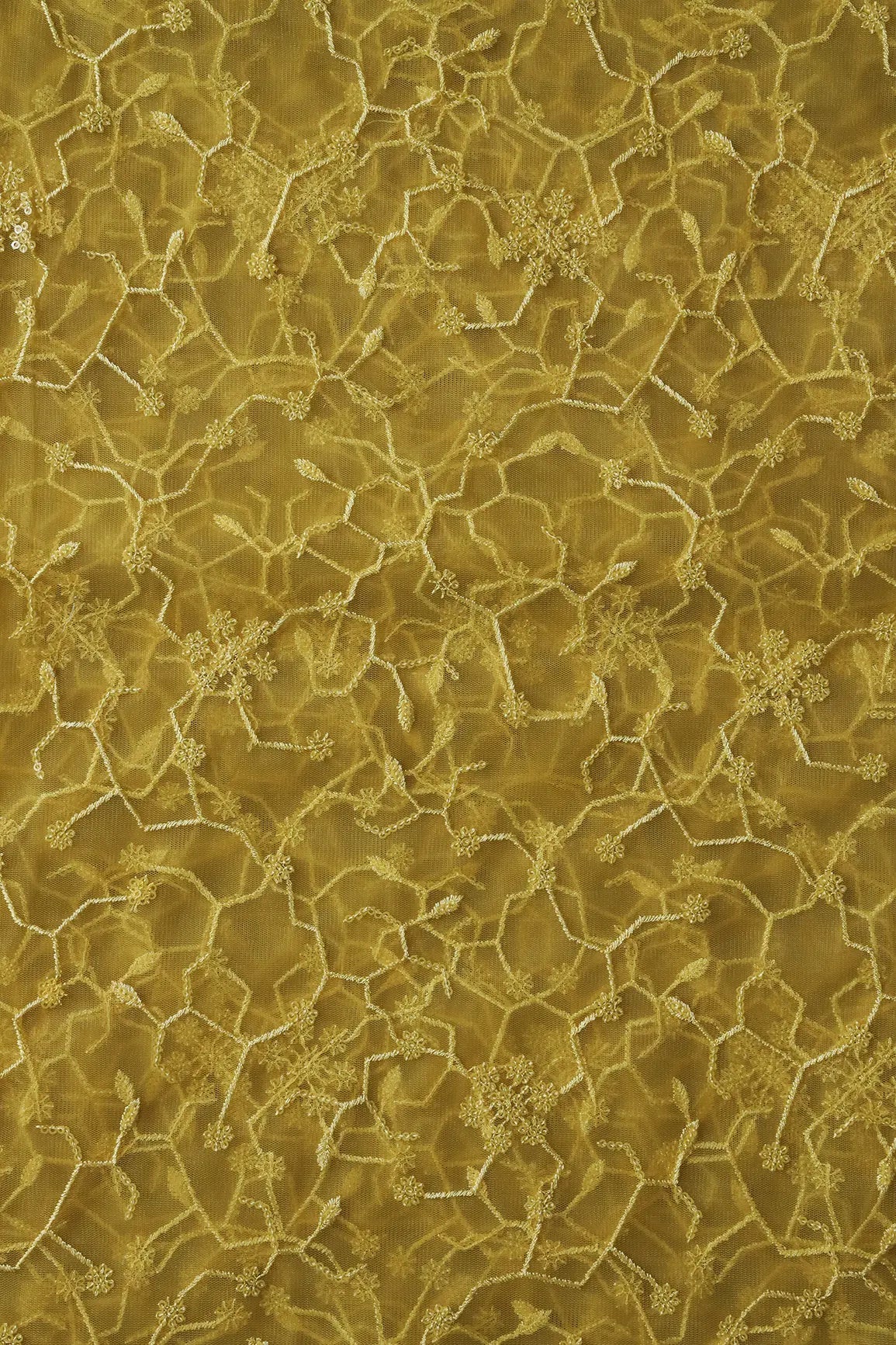 Beautiful Yellow Sequins Small Floral Embroidery On Yellow Soft Net Fabric - doeraa