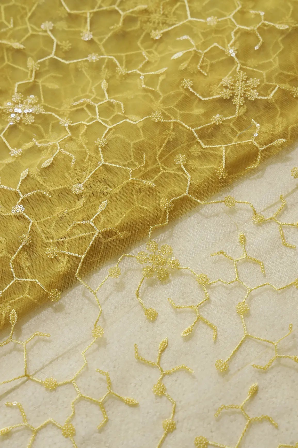 Beautiful Yellow Sequins Small Floral Embroidery On Yellow Soft Net Fabric - doeraa