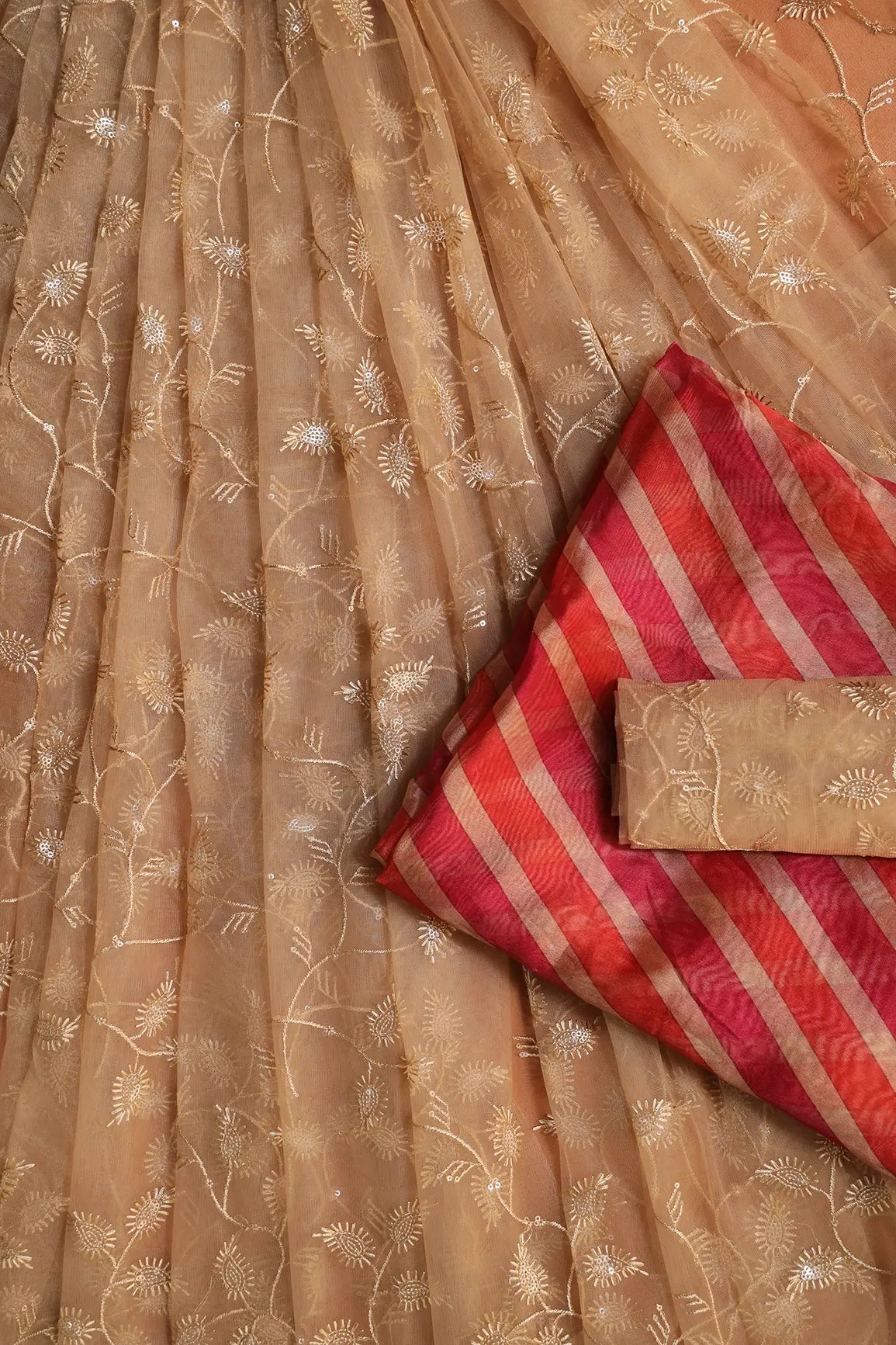Beige And Pink Unstitched Lehenga Set Fabric (3 Piece) - doeraa