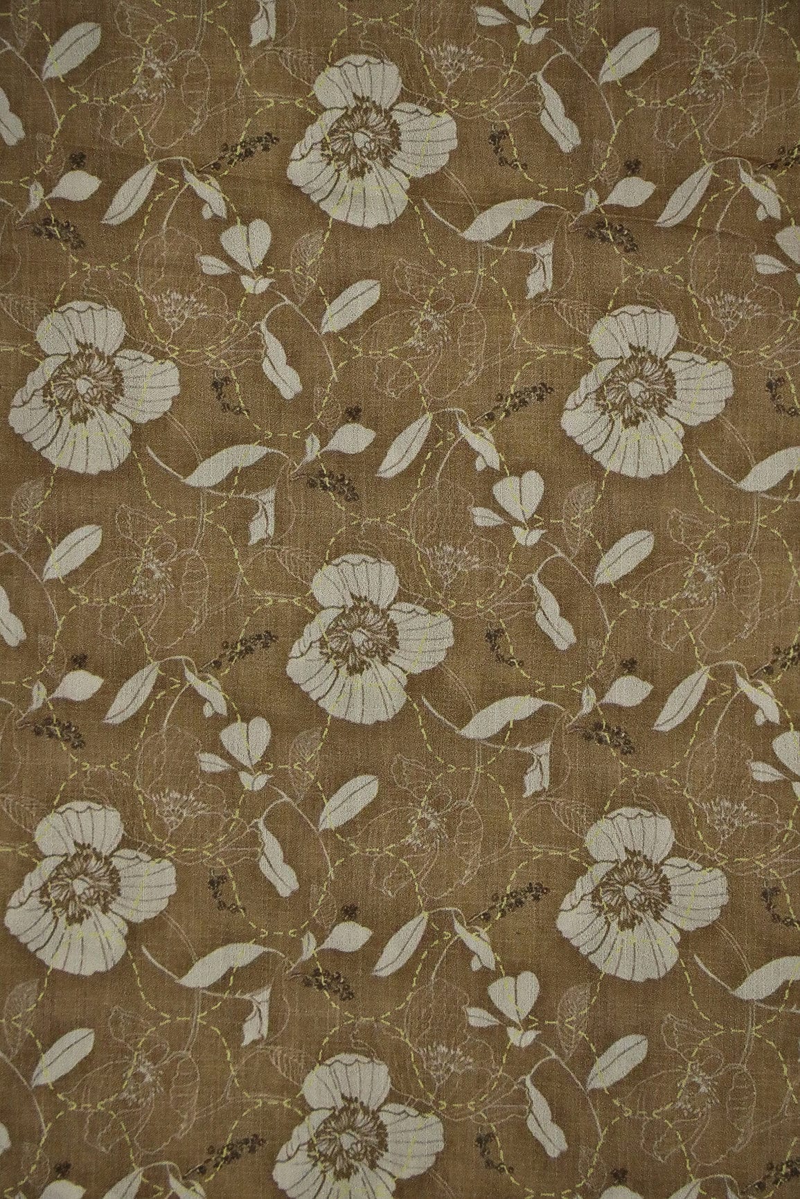 Beige Floral Digital Print on Tussar Satin Fabric - doeraa