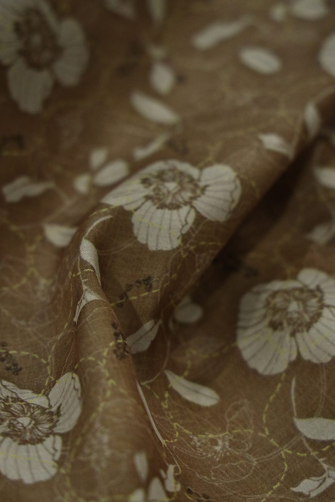 Beige Floral Digital Print on Tussar Satin Fabric - doeraa