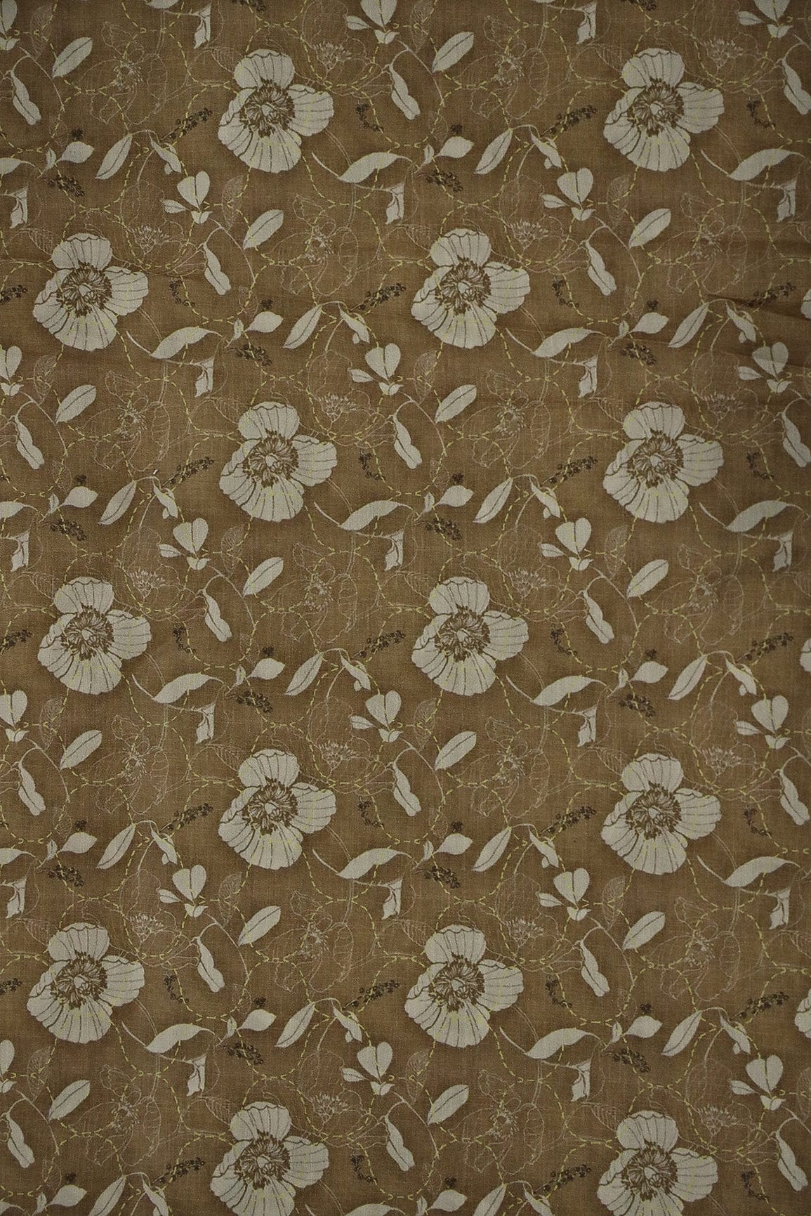 Beige Floral Digital Print on Tussar Satin Fabric - doeraa