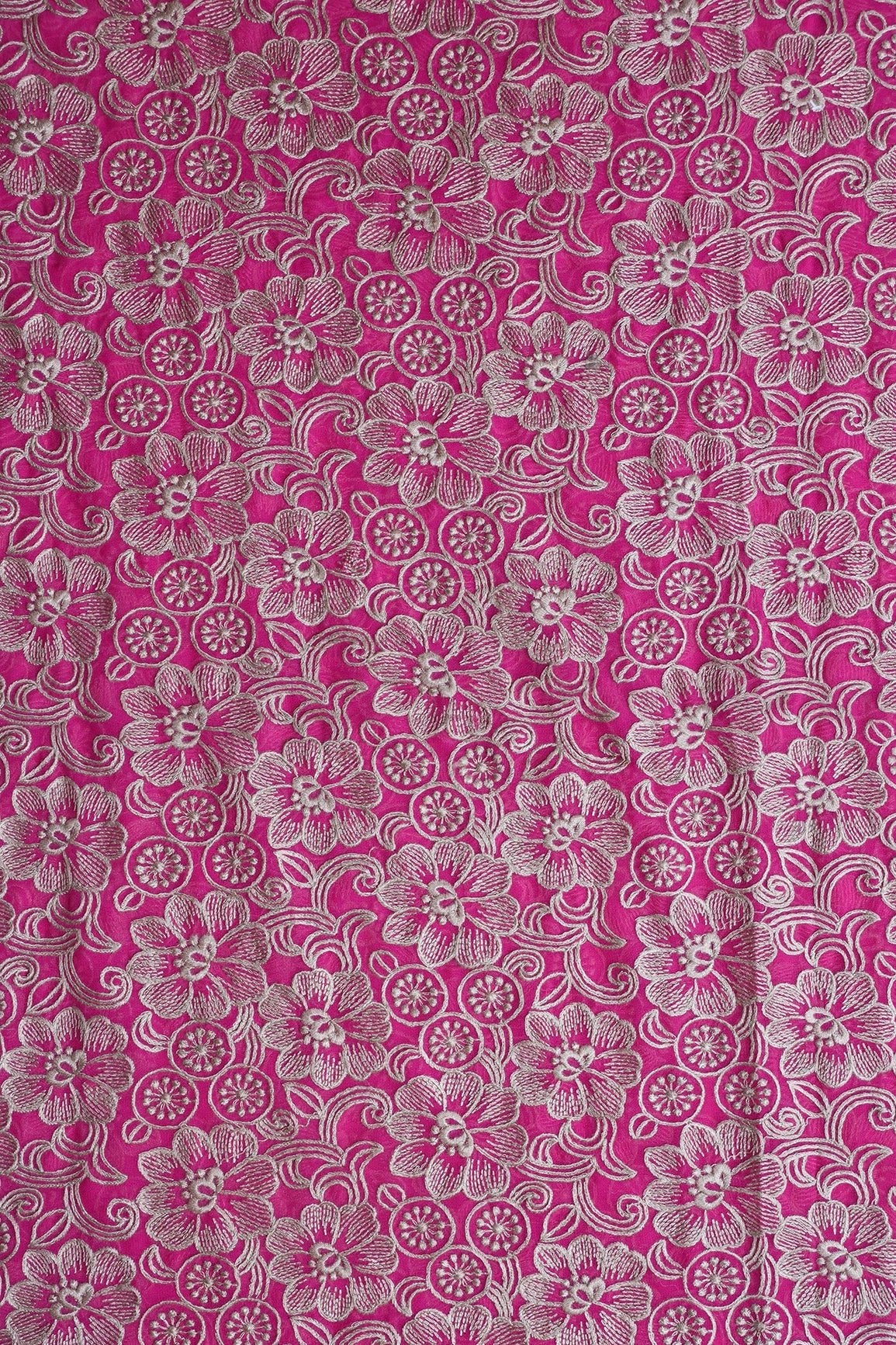 Beige Floral Embroidery On Fuchsia Georgette Fabric - doeraa