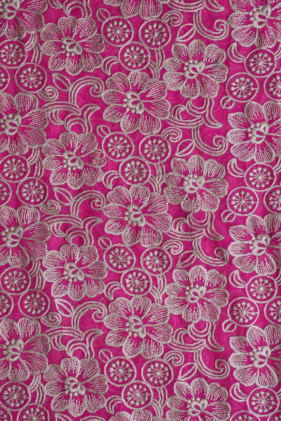 Beige Floral Embroidery On Fuchsia Georgette Fabric - doeraa