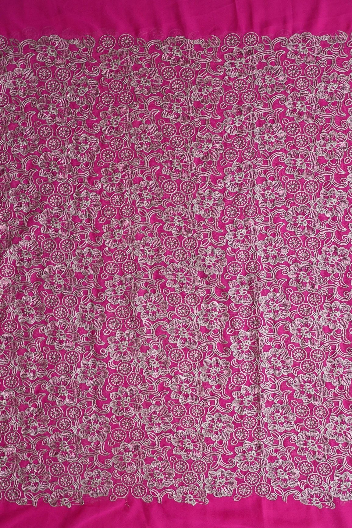 Beige Floral Embroidery On Fuchsia Georgette Fabric - doeraa