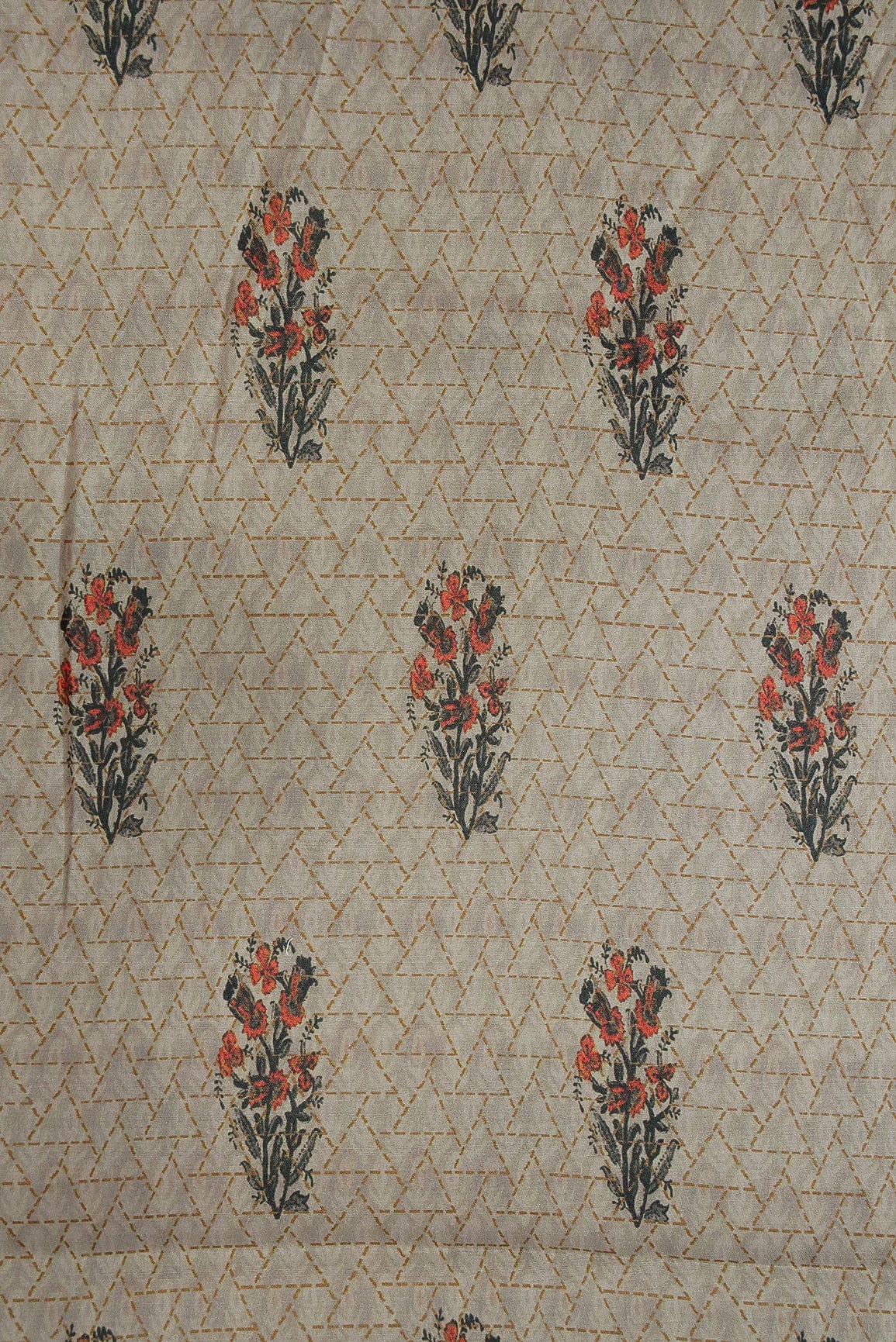 Beige Floral Geometric Digital Print on Tussar Satin Fabric - doeraa