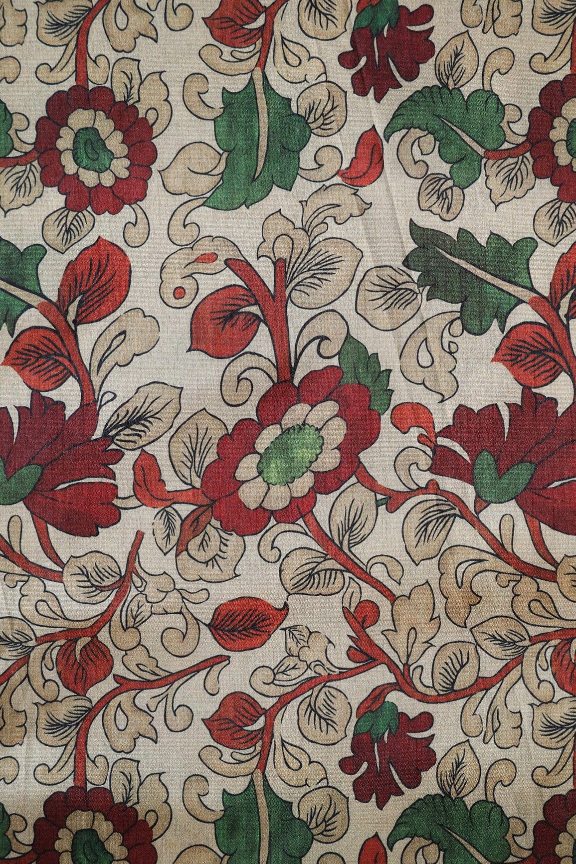 Beige Floral Pattern Digital Print On Mulberry Silk Fabric - doeraa