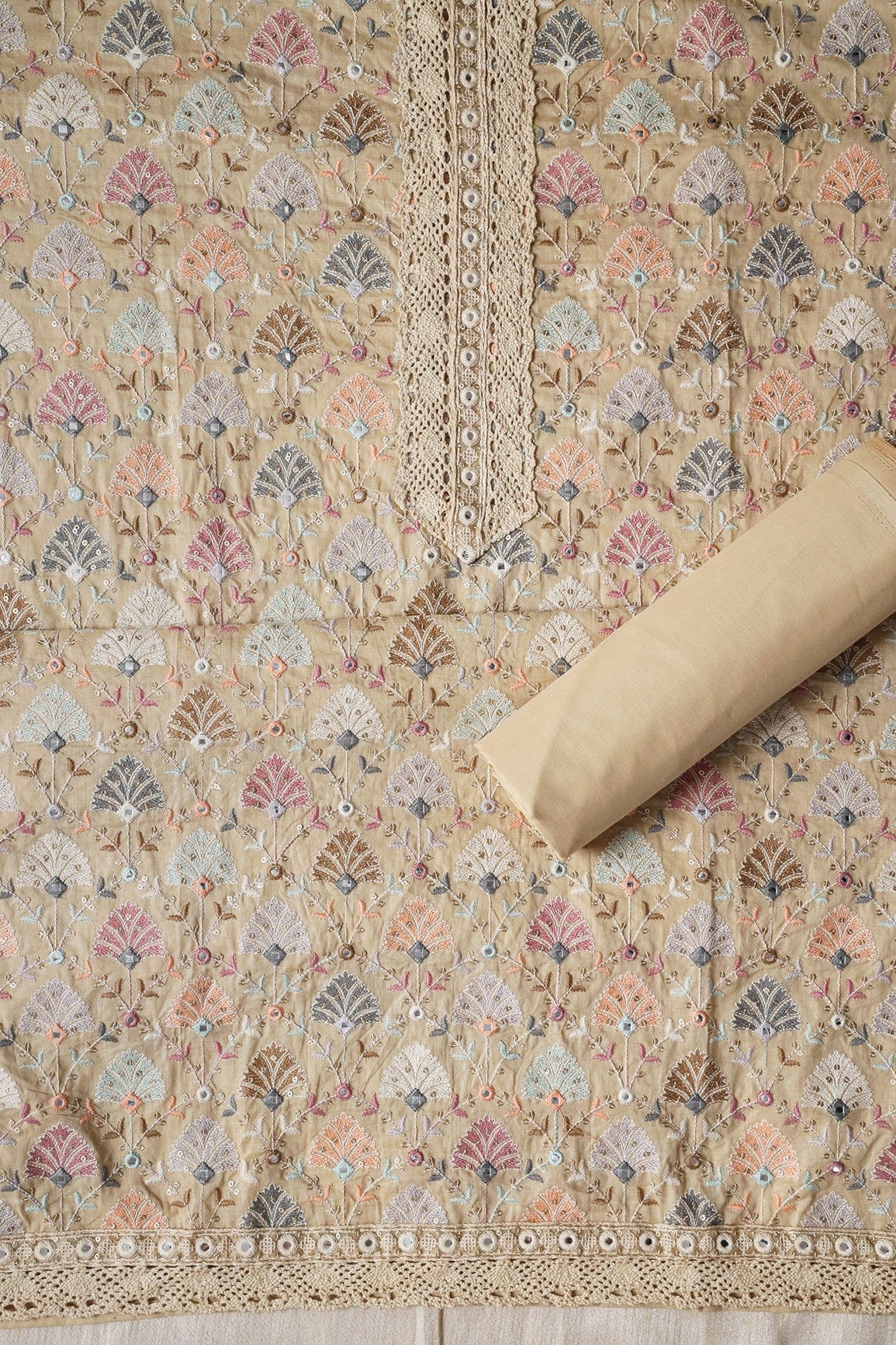 Beige Semi Stitched Pure Cotton Suit Set (3 piece) - doeraa