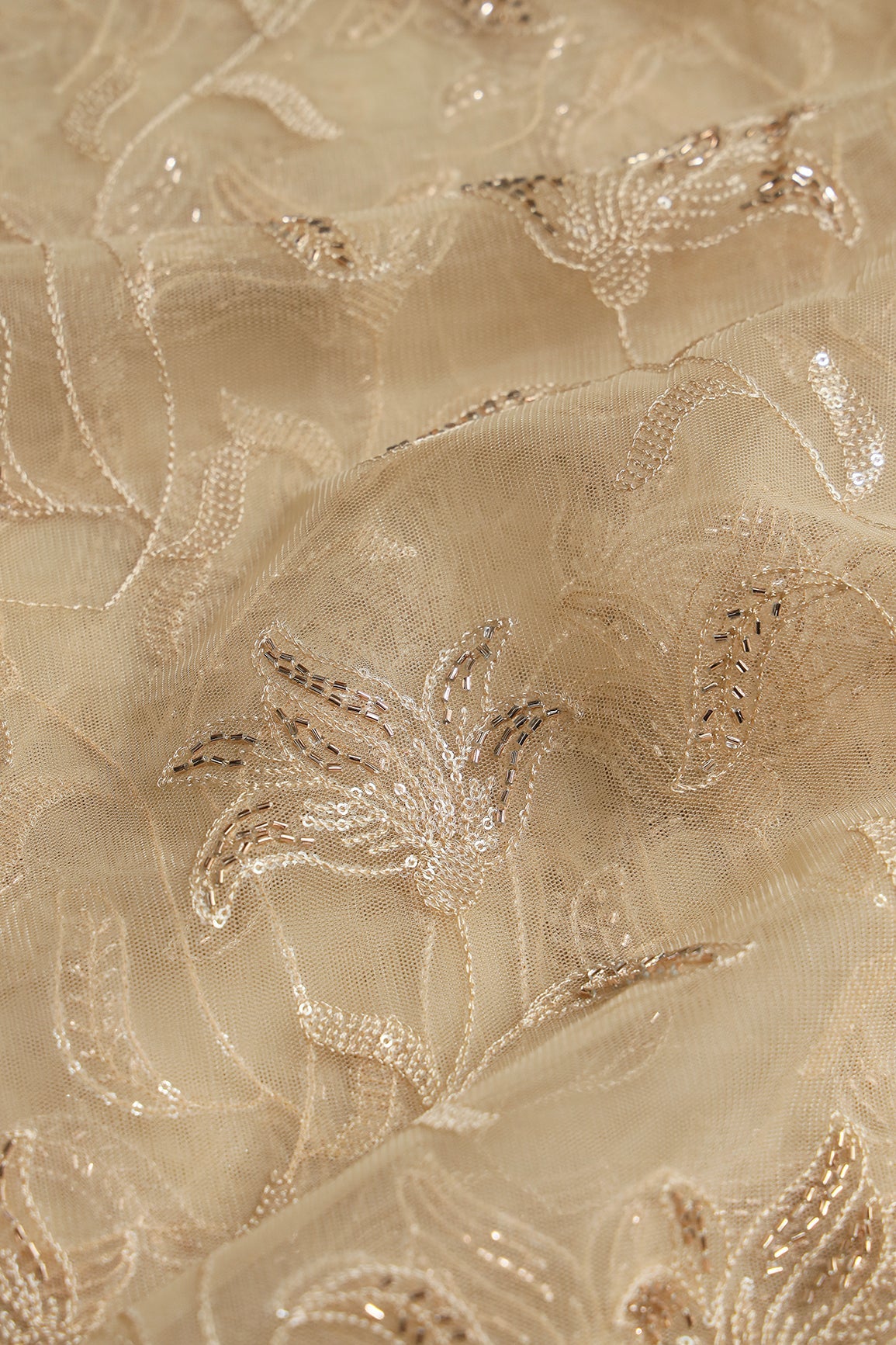 Beige Thread & Beads With Water Sequins Floral Leafy Embroidery Work On Beige Soft Net Fabric - doeraa