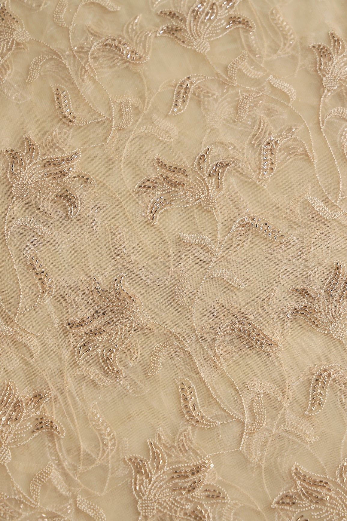 Beige Thread & Beads With Water Sequins Floral Leafy Embroidery Work On Beige Soft Net Fabric - doeraa